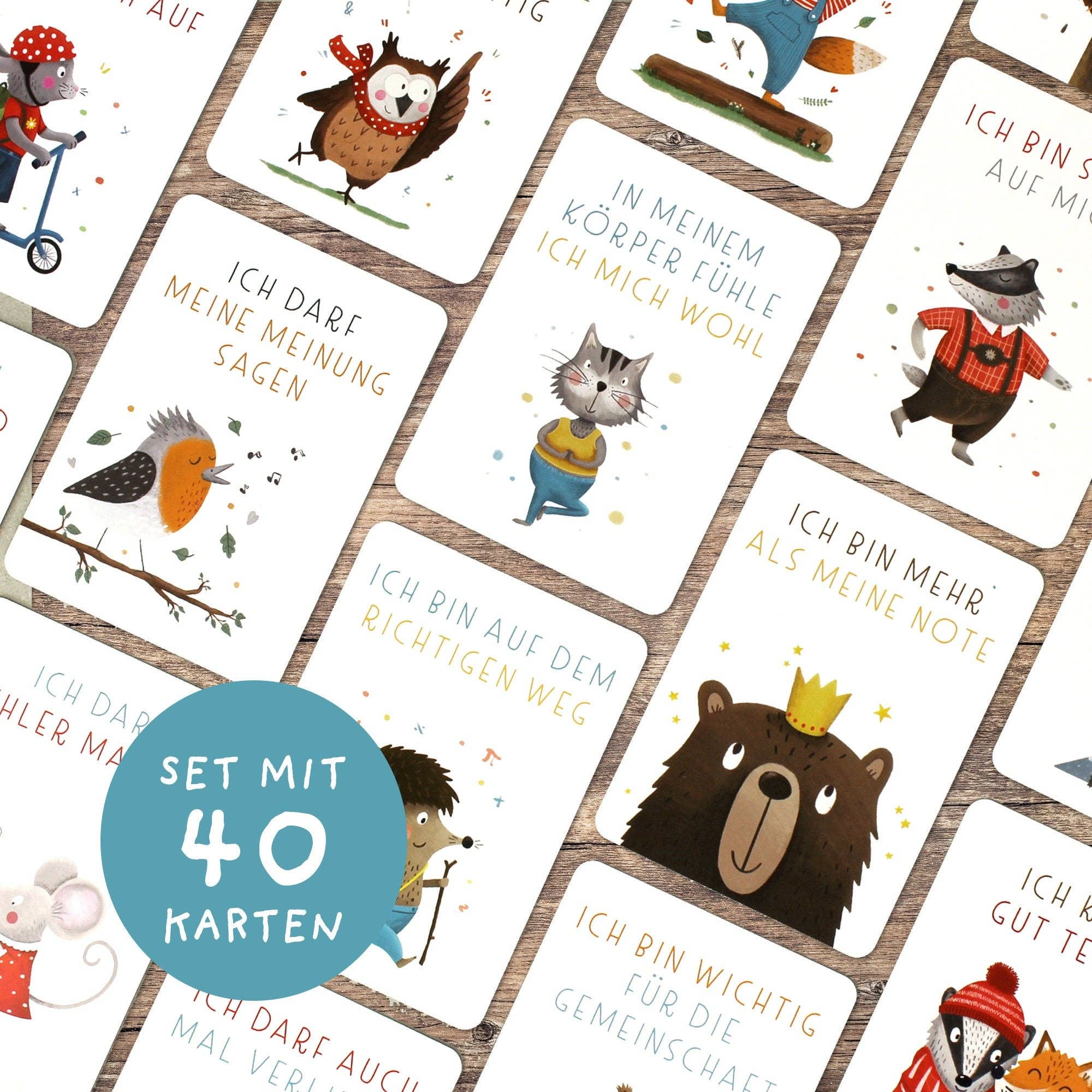 Affirmationskarten für Kinder – „Starke Gedanken“ mit 40 stärkenden Botschaften & Tiermotiven