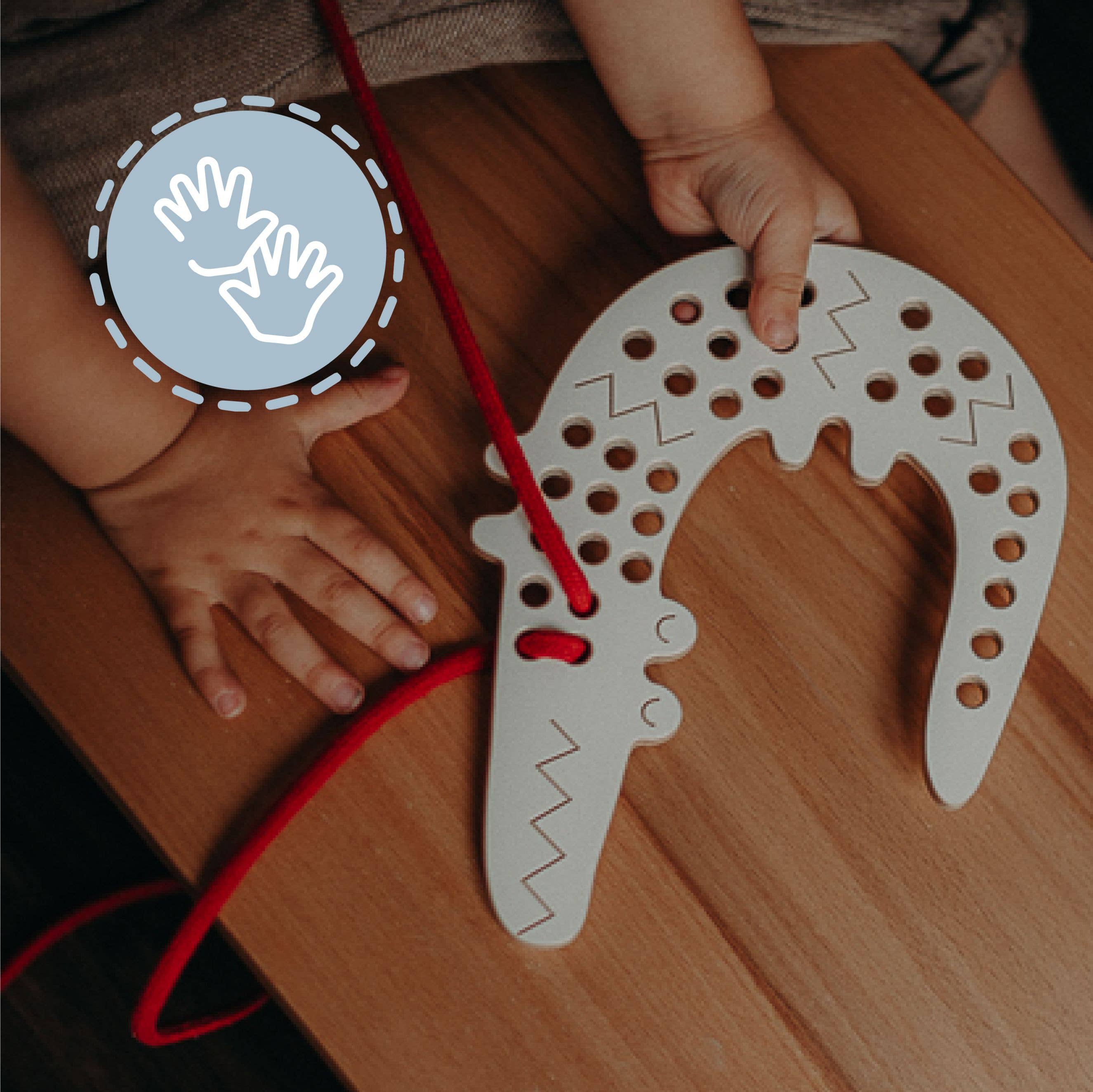 Fädelspiel aus Holz – 'Leon das Krokodil', Montessori-Spielzeug