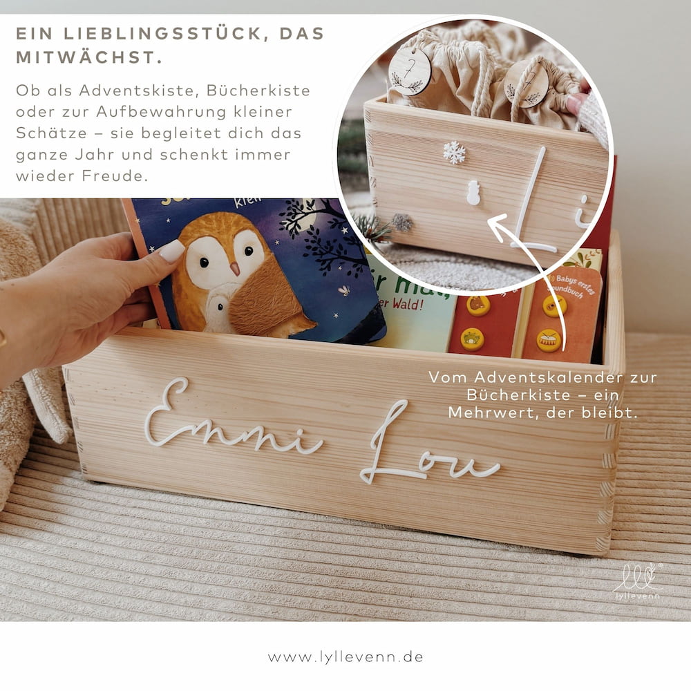 Adventskiste aus Holz mit 3D-Namen – personalisierbarer Adventskalender
