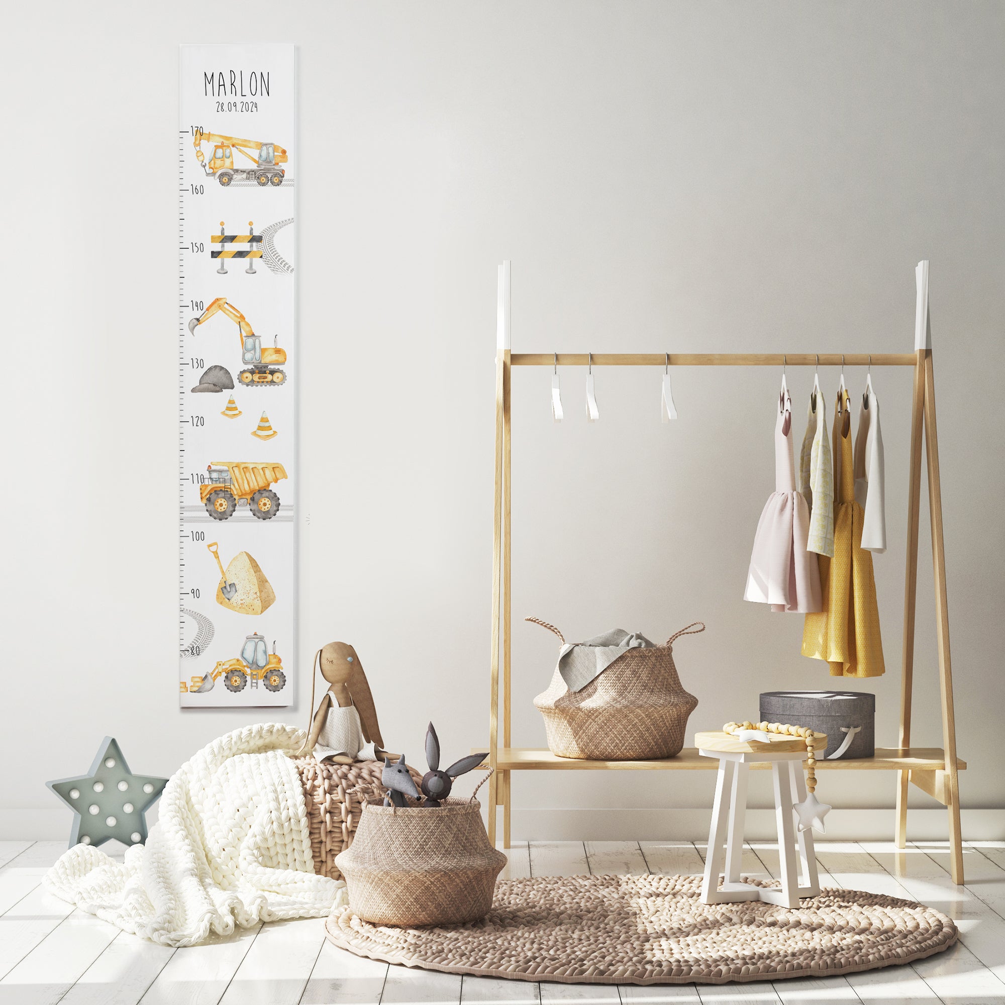 Kindermesslatte Holz "Bagger & Baustelle" – personalisierbar