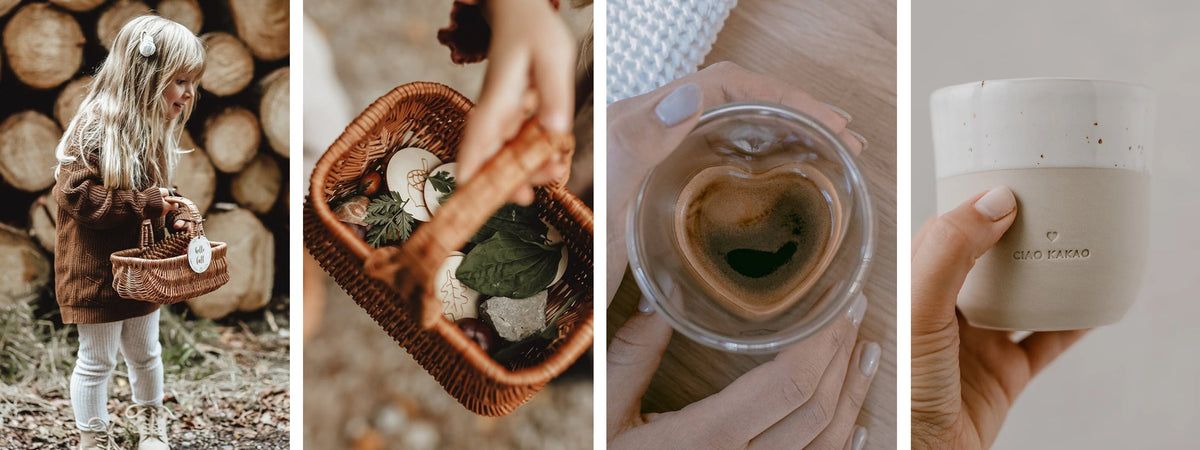 Für den Herbst: Weidenkörbchen, Waldspiel, Teeglas und Becher