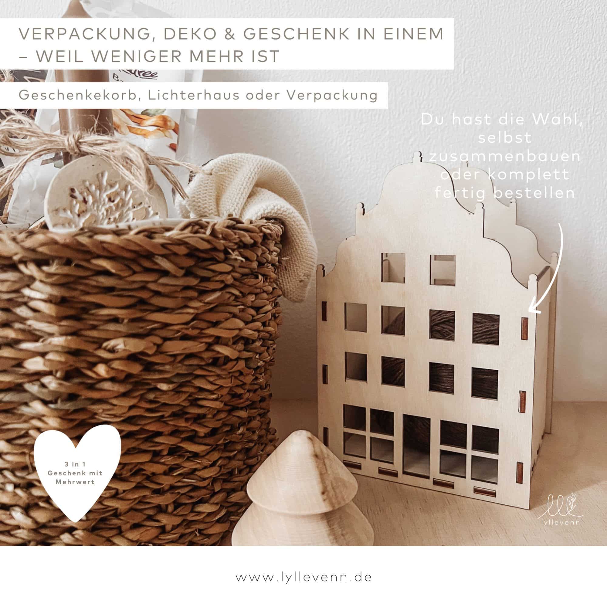 Geschenkverpackung 3-in-1 aus Holz – Lichterhaus im Grachtenhaus-Stil