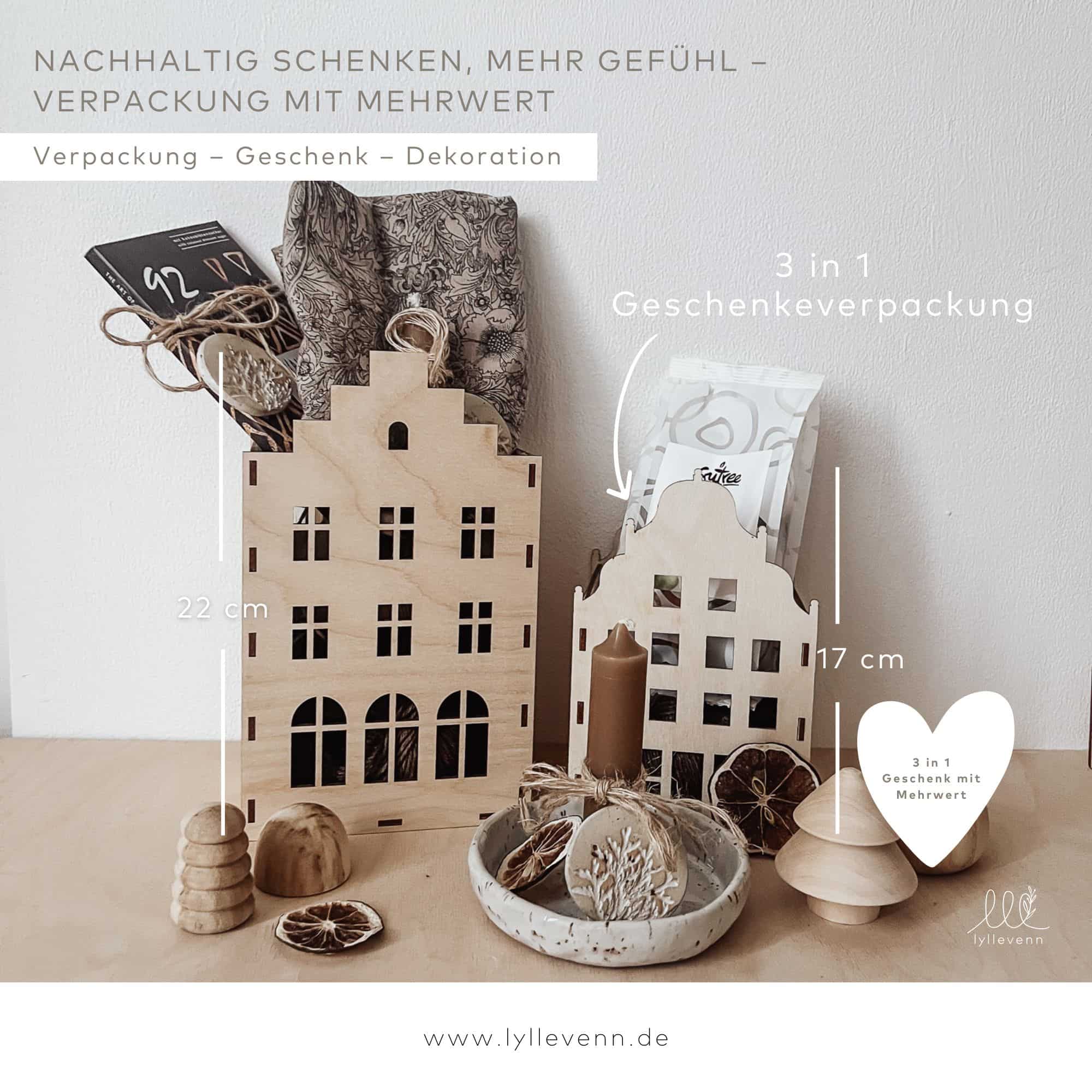 Geschenkverpackung 3-in-1 aus Holz – Lichterhaus im Grachtenhaus-Stil