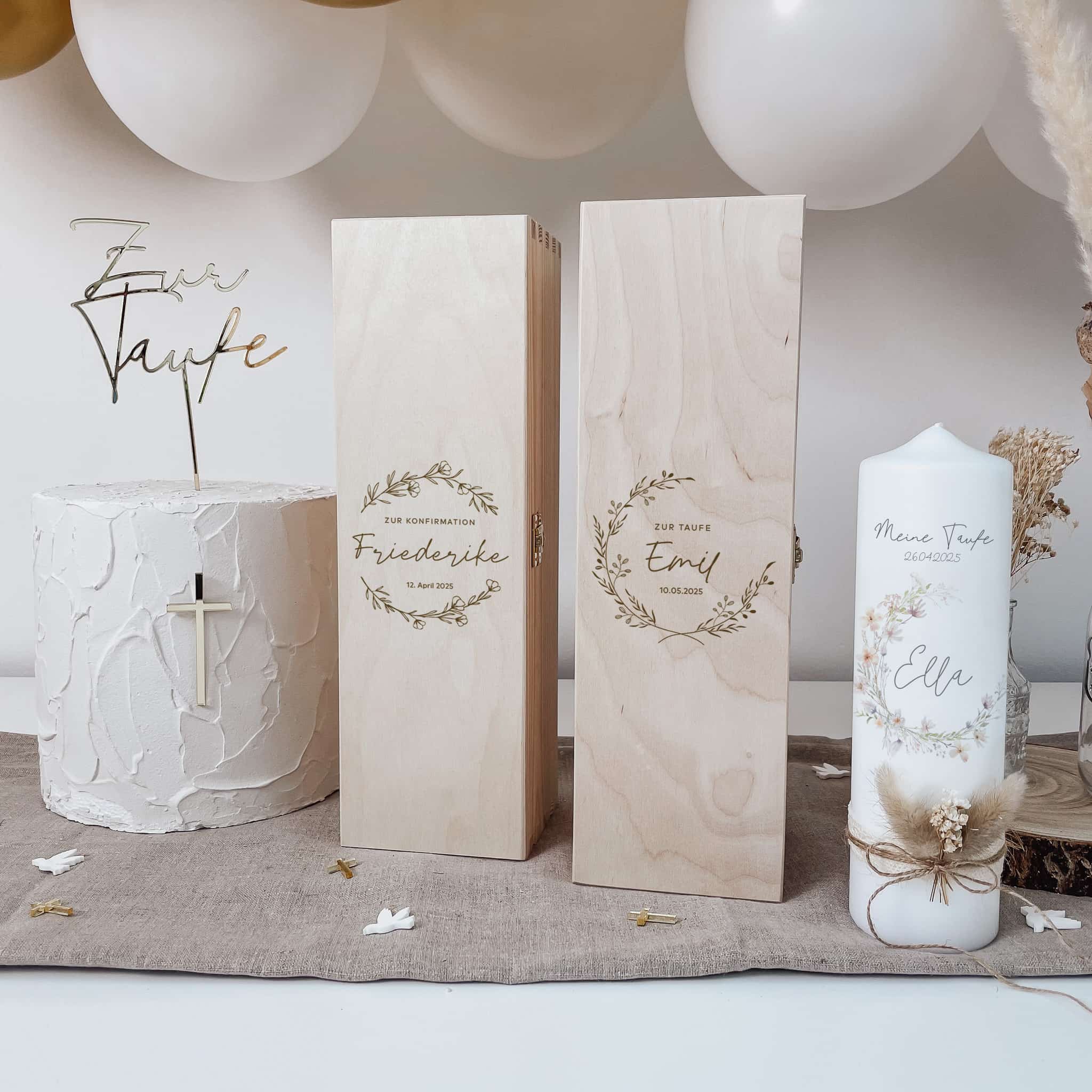 Taufkerzenbox aus Holz graviert mit Wunschkranz – für viele Anlässe