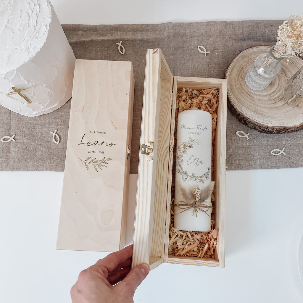 Taufkerzenbox aus Holz graviert mit Wunschkranz – für viele Anlässe