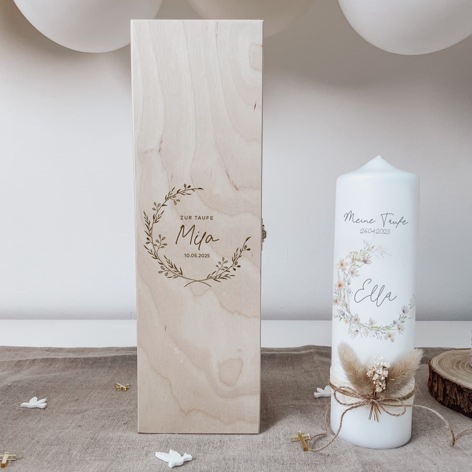 Taufkerzenbox aus Holz graviert mit Wunschkranz – für viele Anlässe