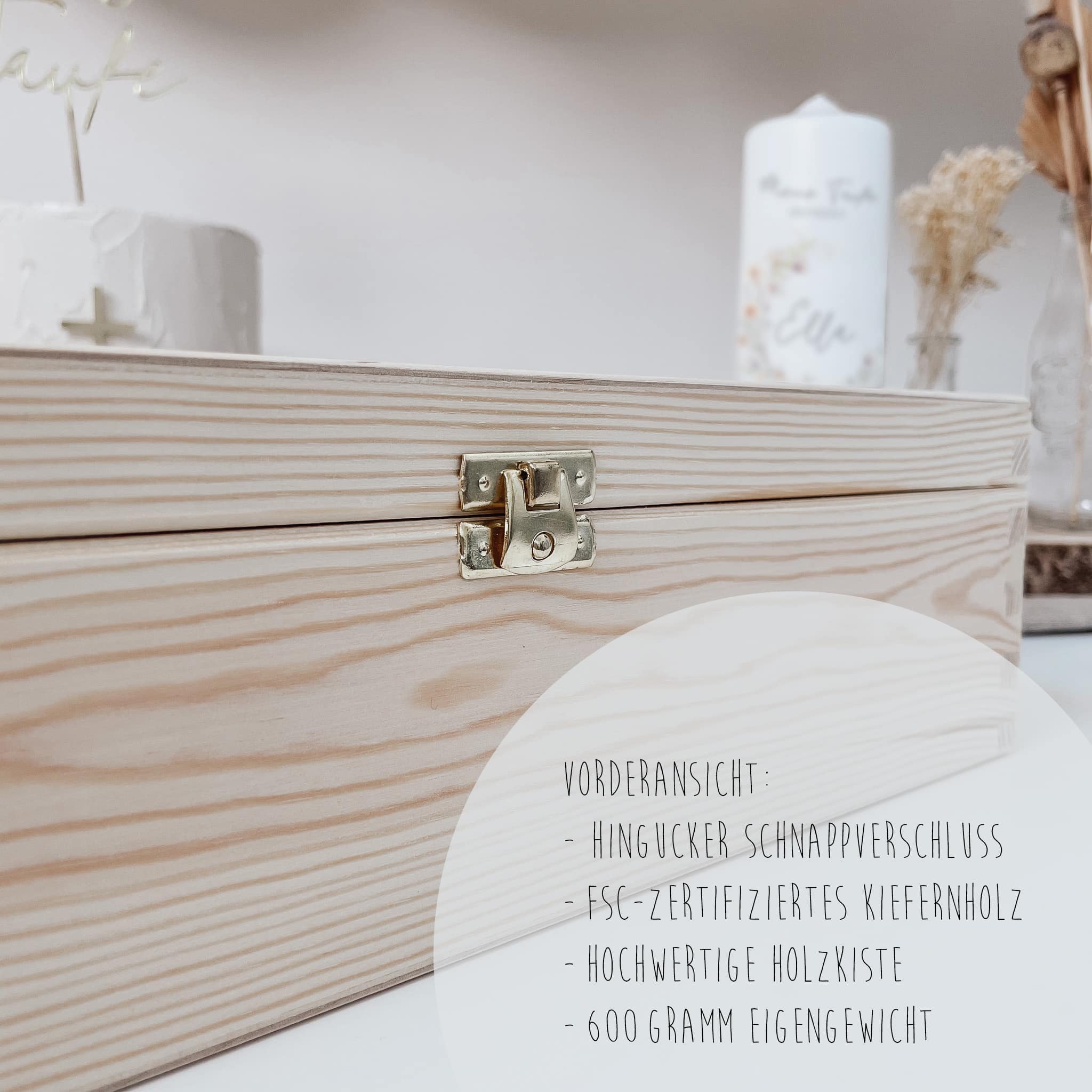 Taufkerzenbox mit Symbol – Personalisierte Holzkiste mit 3D-Namen & Trockenblume