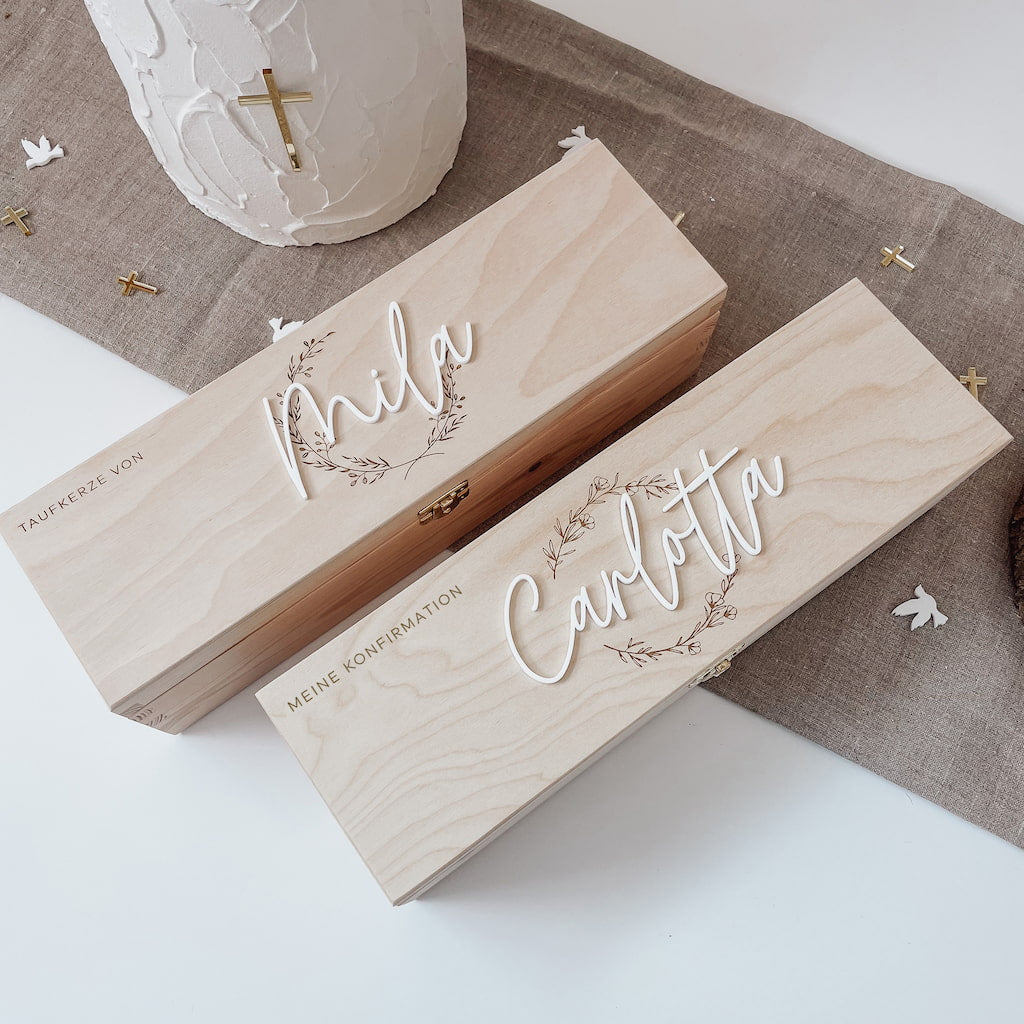 Minimalistische Taufkerzenbox mit 3D-Namensschrift - klassisch & edel