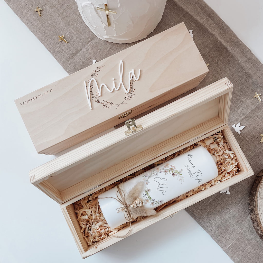 Minimalistische Taufkerzenbox mit 3D-Namensschrift - klassisch & edel