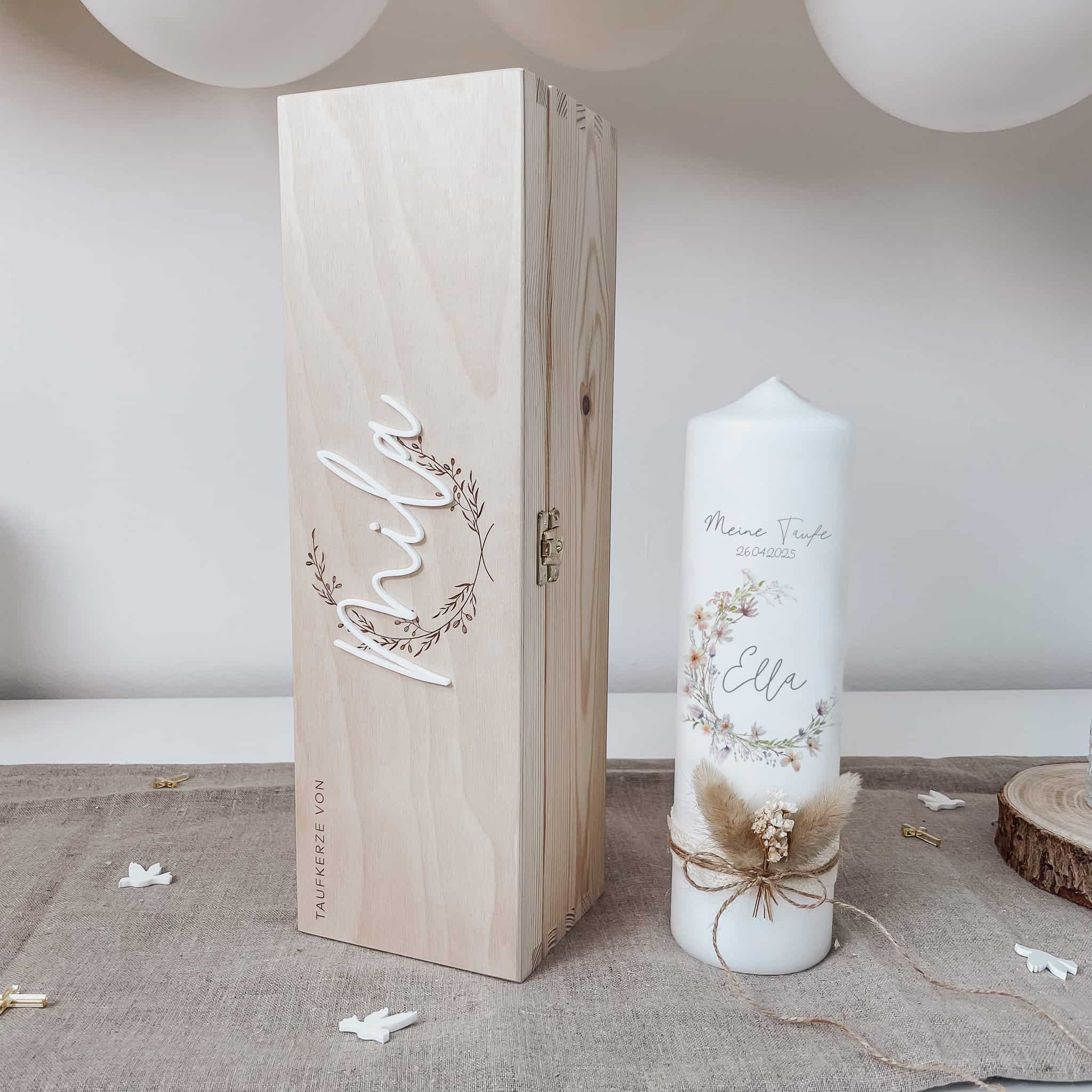 Minimalistische Taufkerzenbox mit 3D-Namensschrift - klassisch & edel