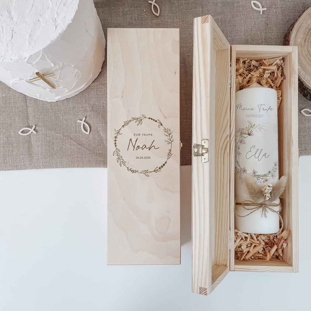 Taufkerzenbox aus Holz graviert mit Wunschkranz – für viele Anlässe