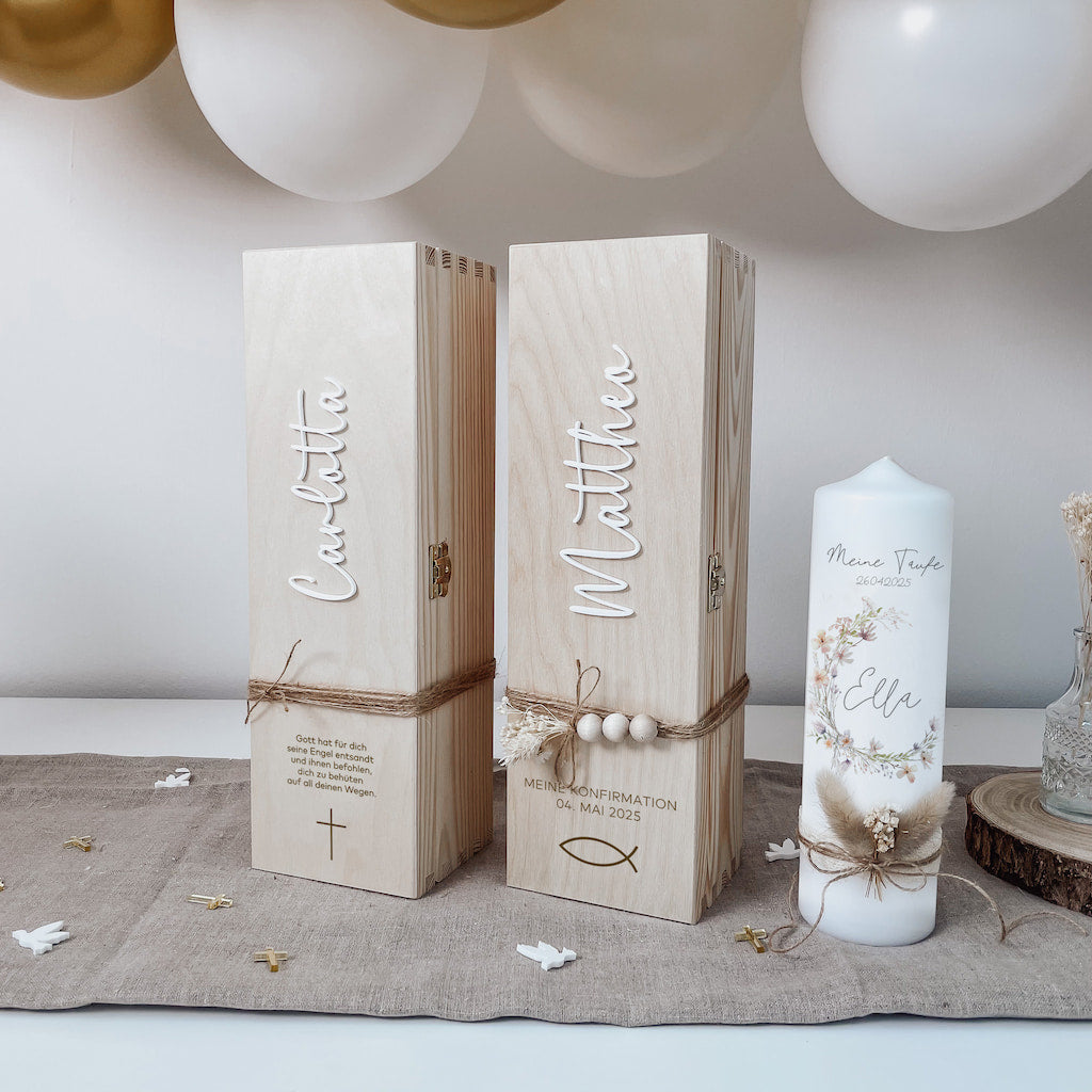 Taufkerzenbox mit Symbol – Personalisierte Holzkiste mit 3D-Namen & Trockenblume
