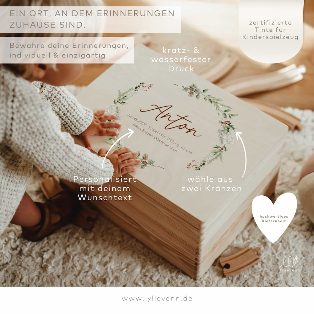 Erinnerungskiste Holz personalisiert - Weihnachtskränze