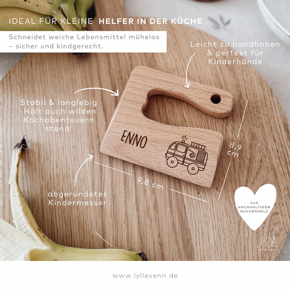 Montessori sicheres Kindermesser Holz „Fahrzeuge“ – personalisiert