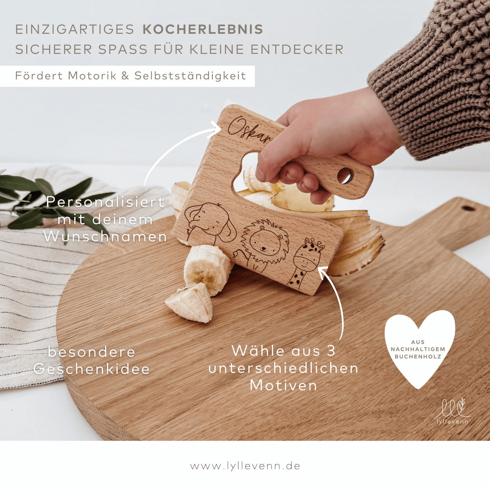 Montessori sicheres Kindermesser Holz „Tier-Familie“ – personalisiert