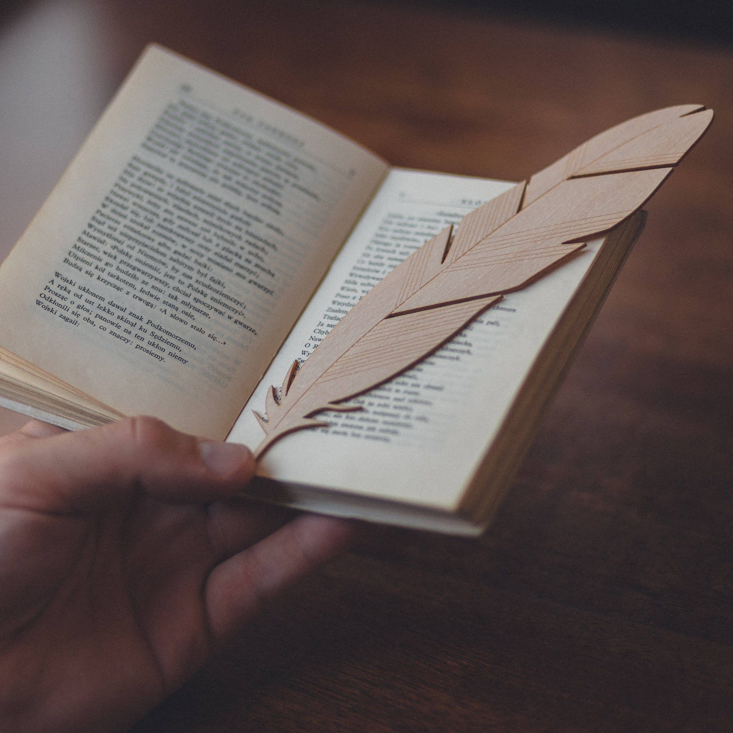 Lesezeichen aus Holz – Feder