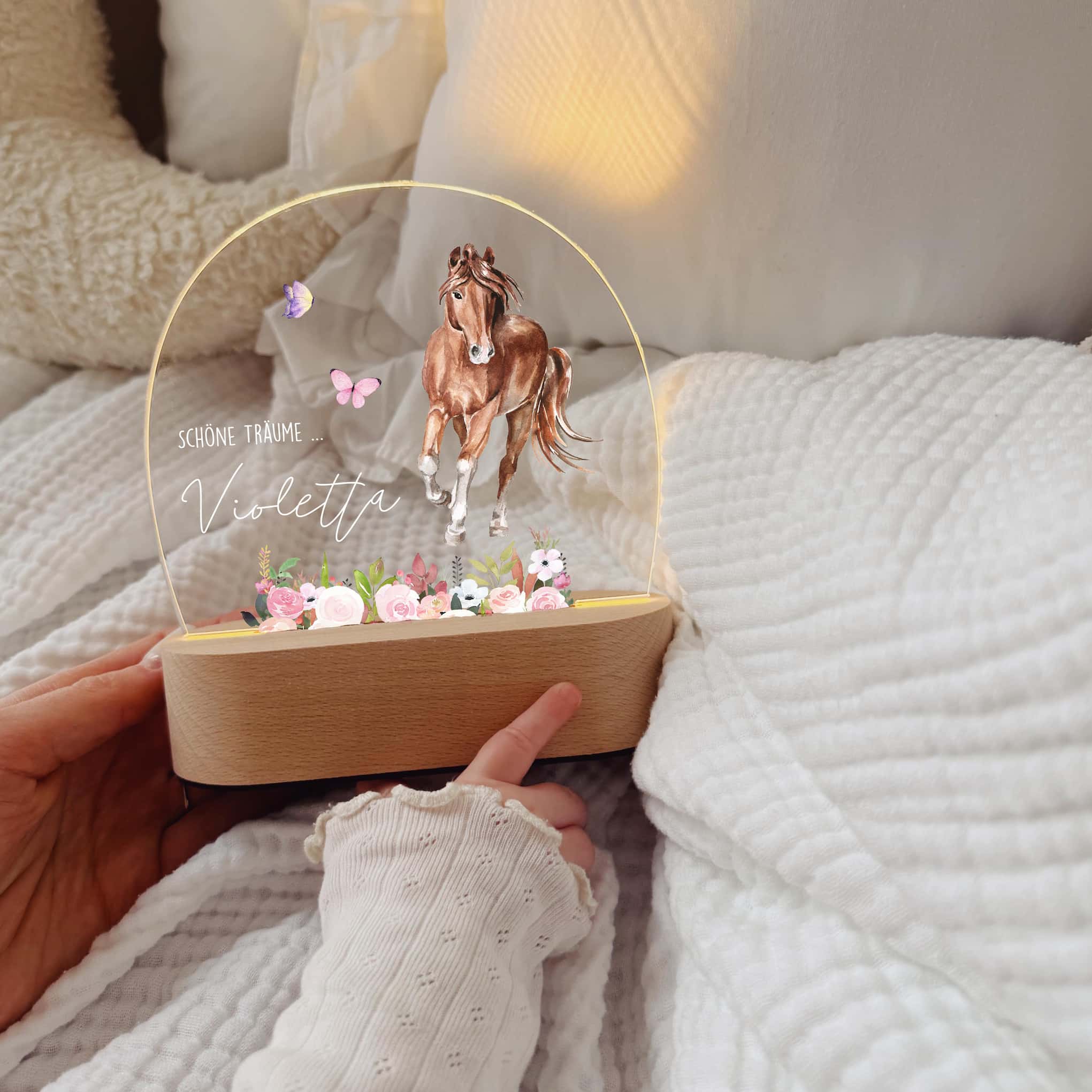 Nachtlicht Kinder personalisiert LED – Pferde Aquarell
