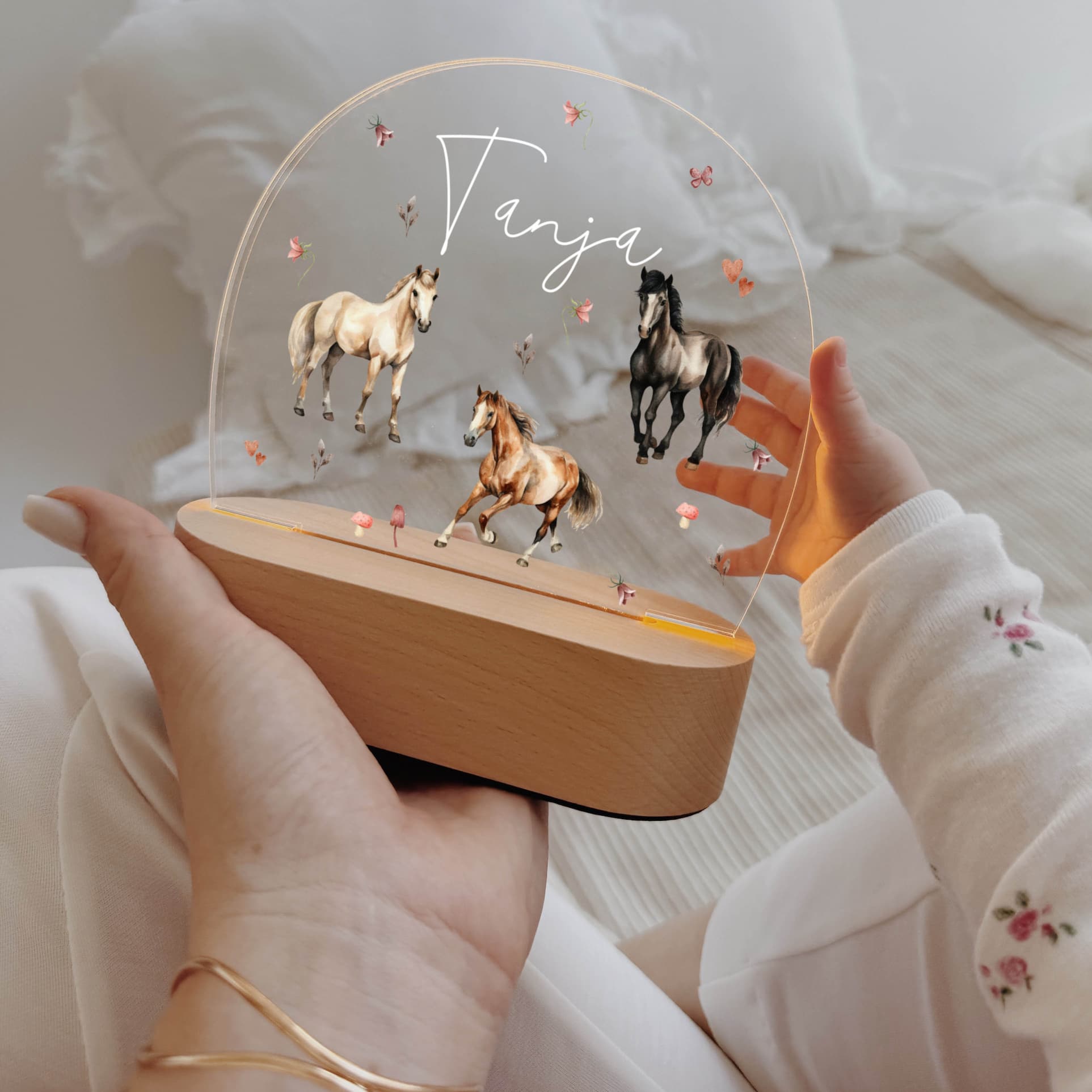 Nachtlicht Kinder personalisiert LED – Pferde Aquarell