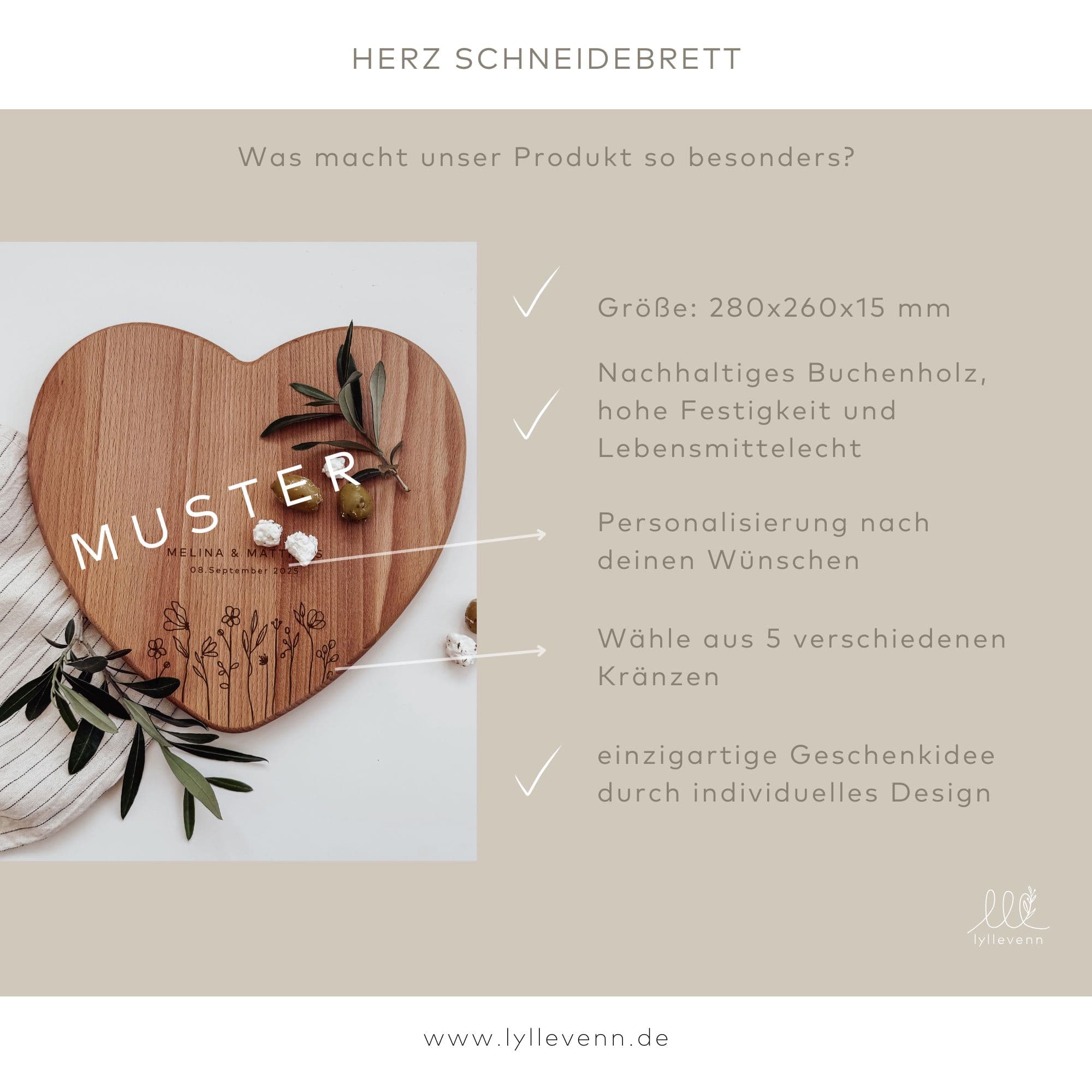 Schneidebrett Herz Buche – personalisiert mit verschiedenen Kränzen