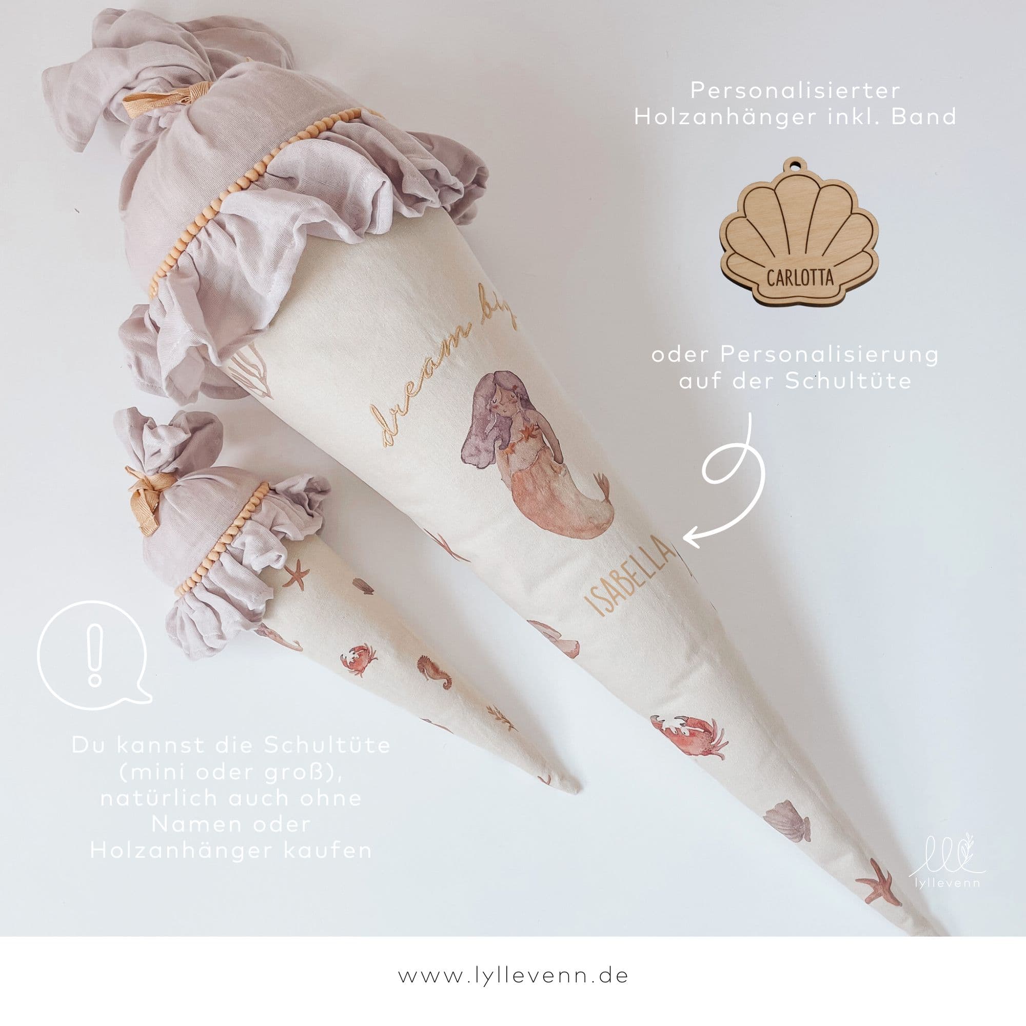 Schultüte 'Meerjungfrau' aus Stoff, personalisierbar 3-in-1 Set