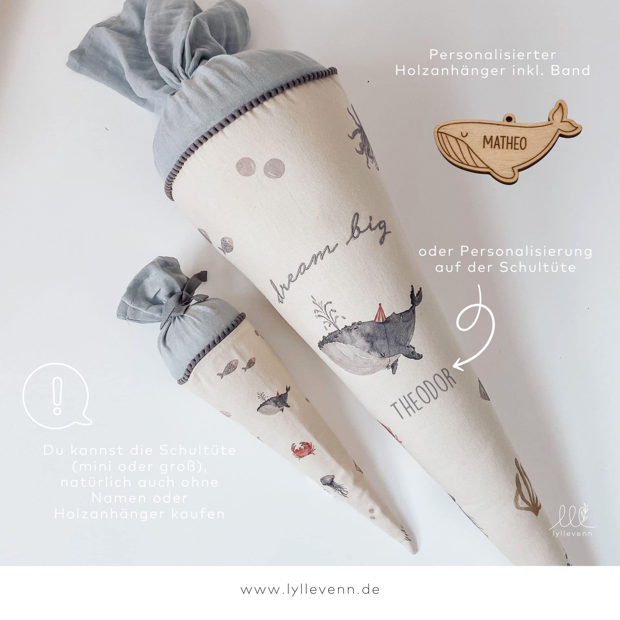 Schultüte 'Wal' aus Stoff, personalisierbar – Nachhaltig & 3-in-1 Set
