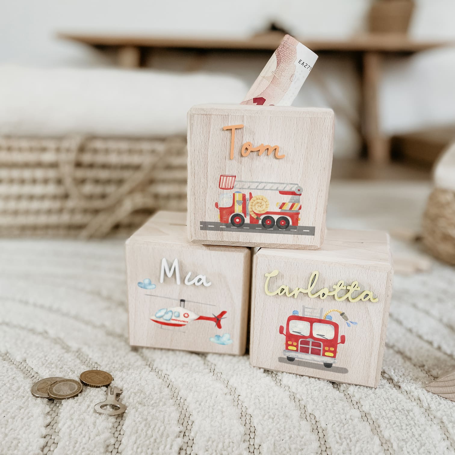 Spardose personalisiert aus Holz – Feuerwehr