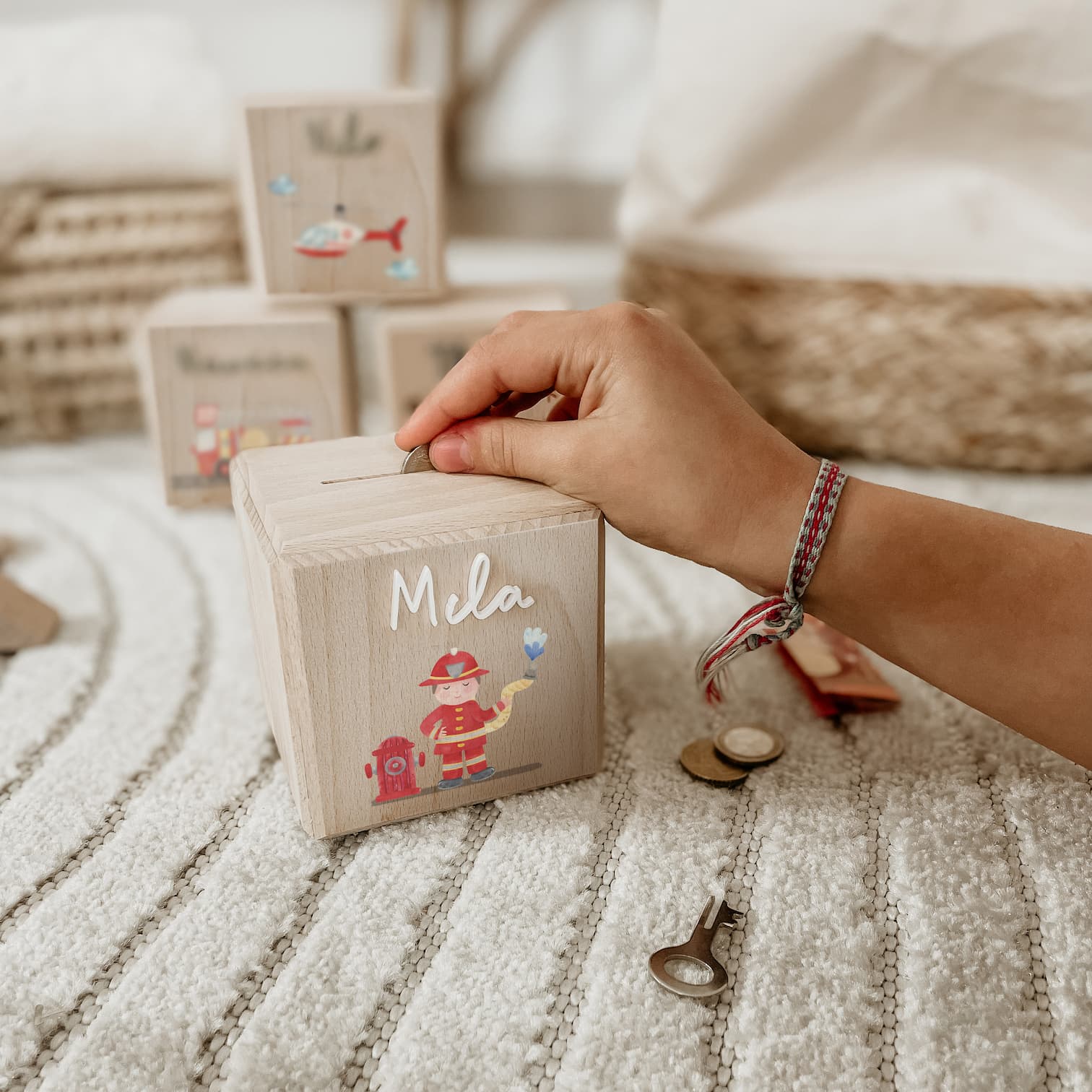 Spardose personalisiert aus Holz – Feuerwehr