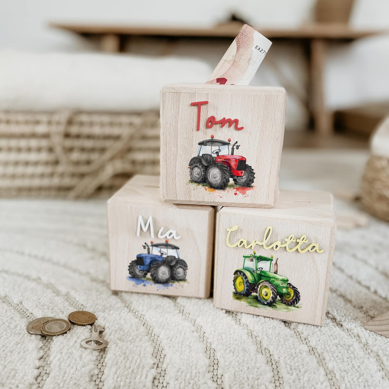 Spardose Holz personalisiert – Traktor