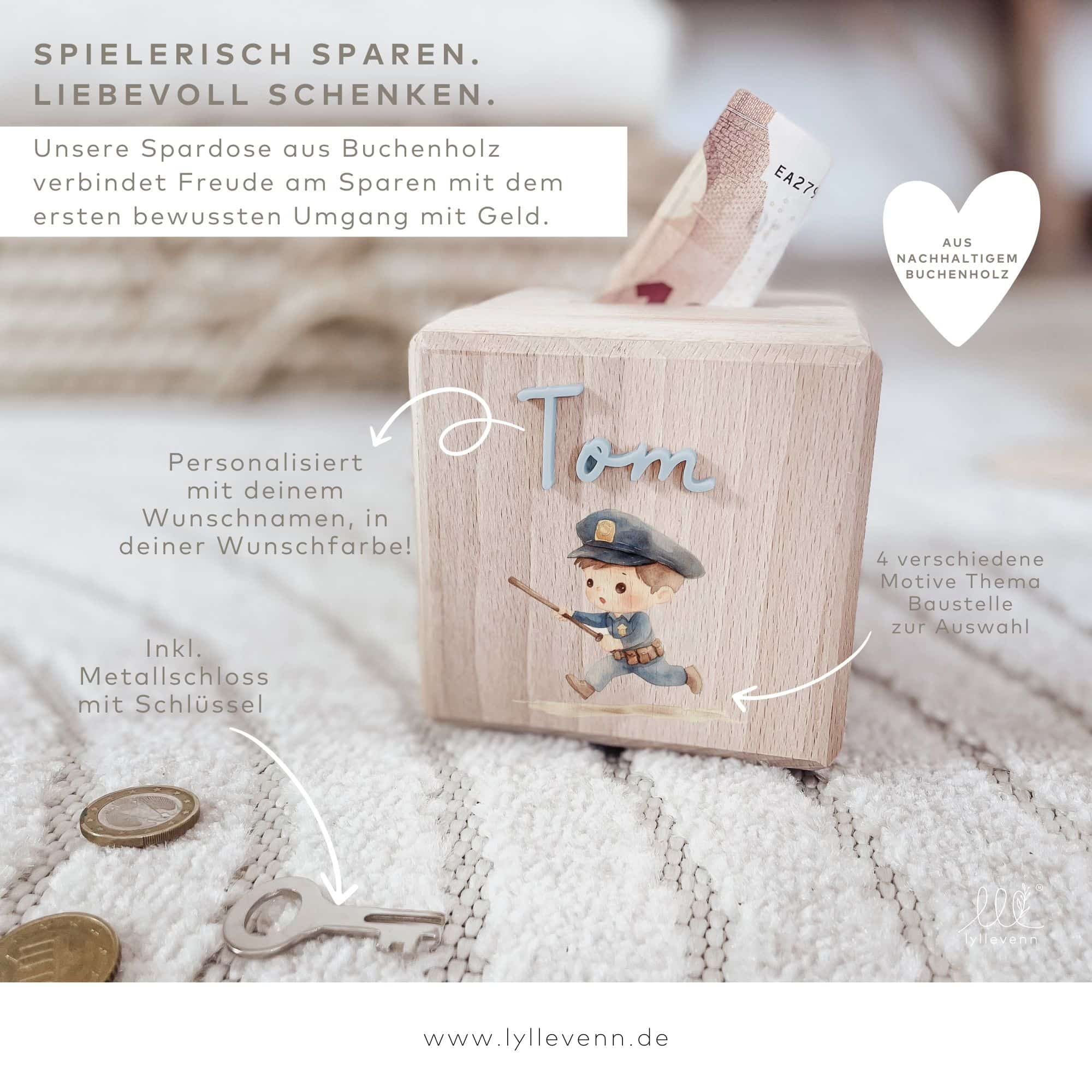Spardose personalisiert aus Holz – Polizei