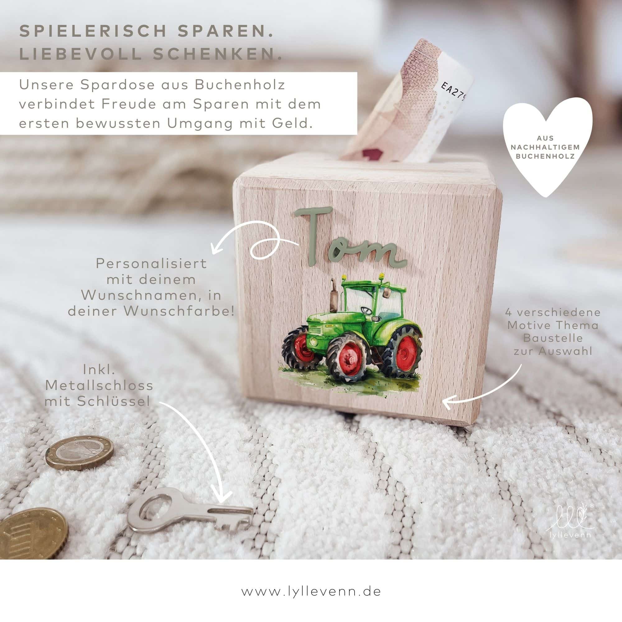 Spardose Holz personalisiert – Traktor