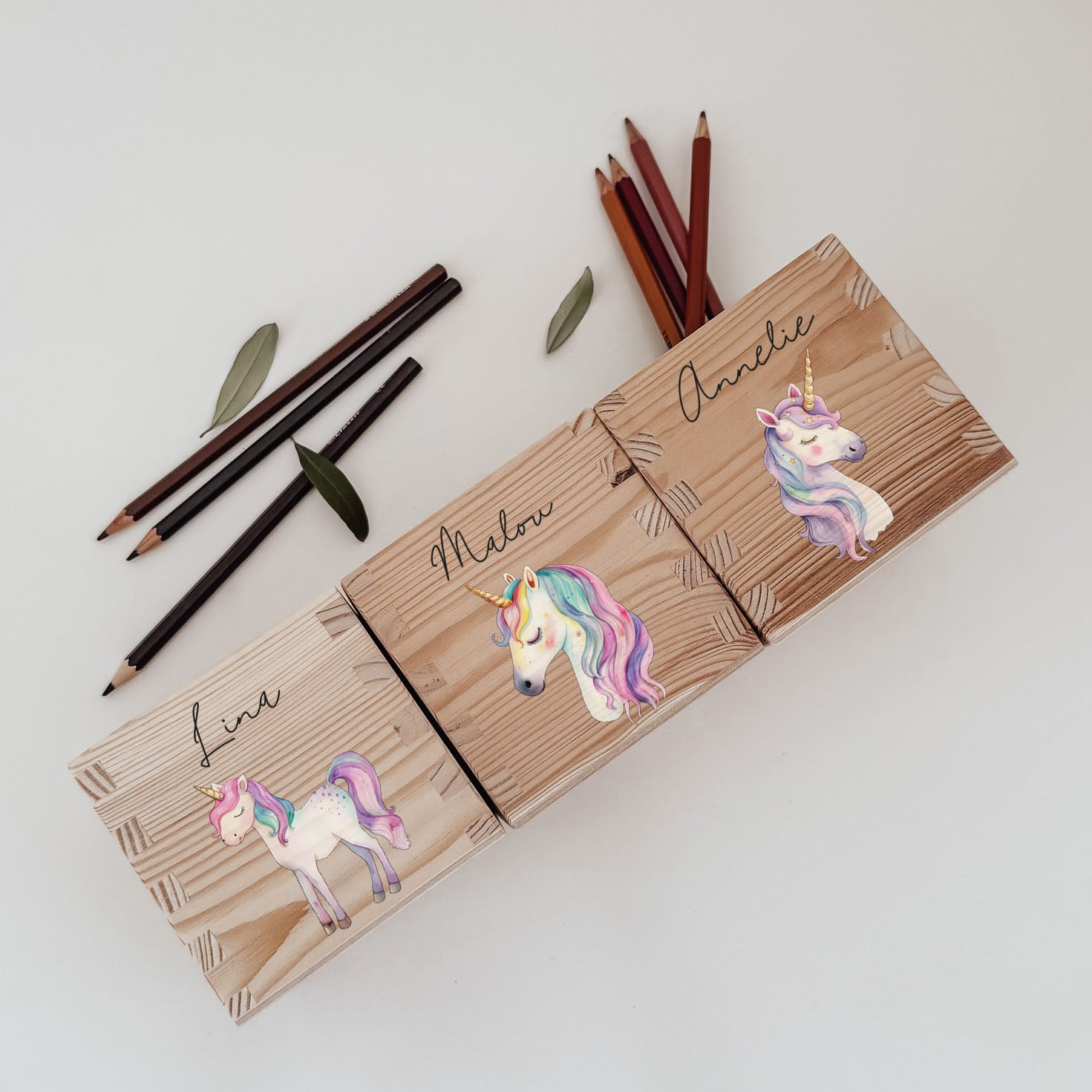 Stiftehalter Holz personalisiert - Bedruckt Einhorn