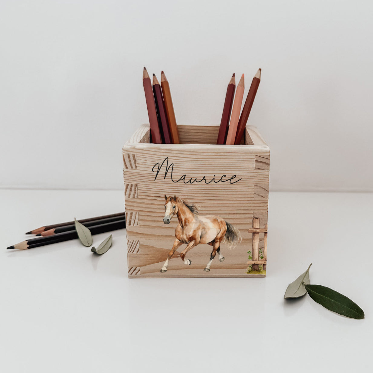 Stiftehalter Holz personalisiert - Bedruckt Pferde