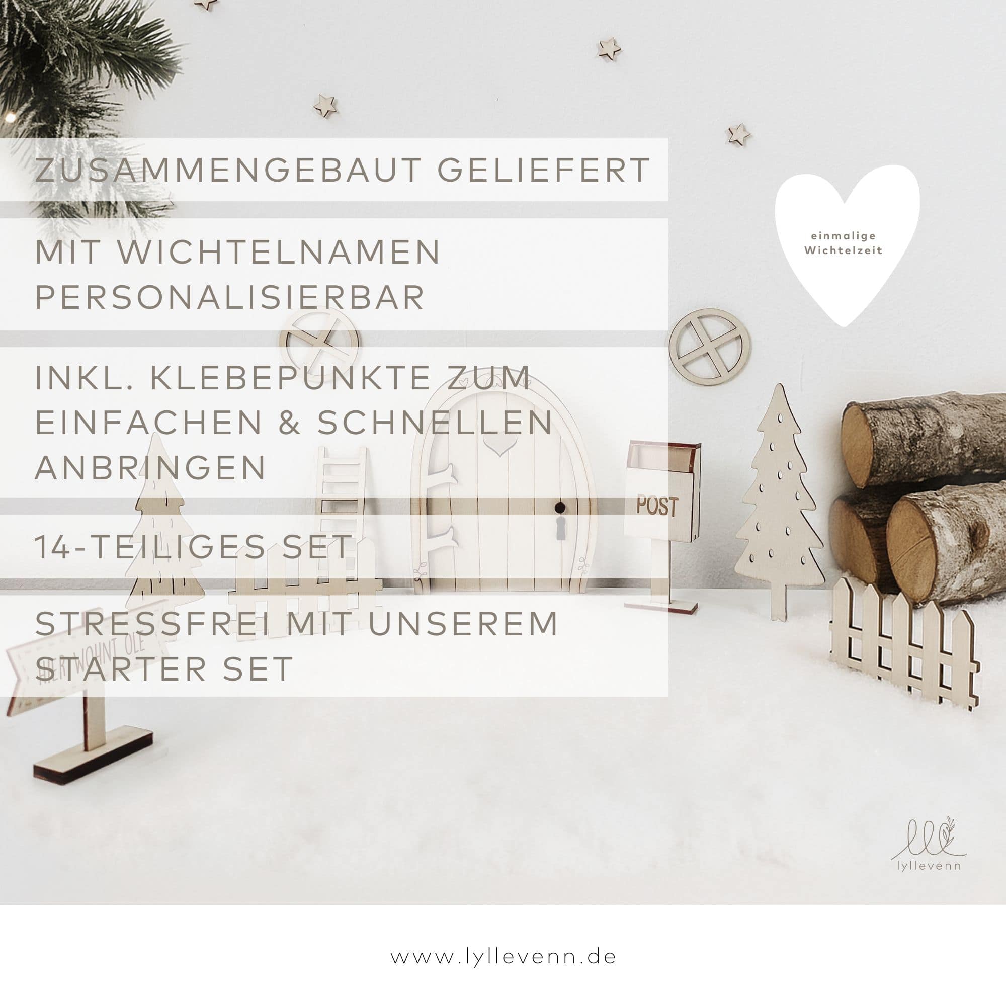 Wichteltür Set personalisiert aus Holz – 14-teilig für Kinder & Weihnachten