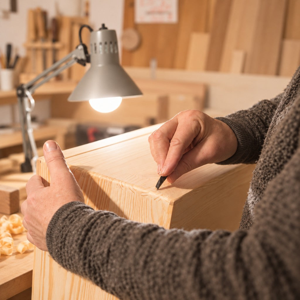 Hände arbeiten an der Kante einer Holzkiste in der Werkstatt