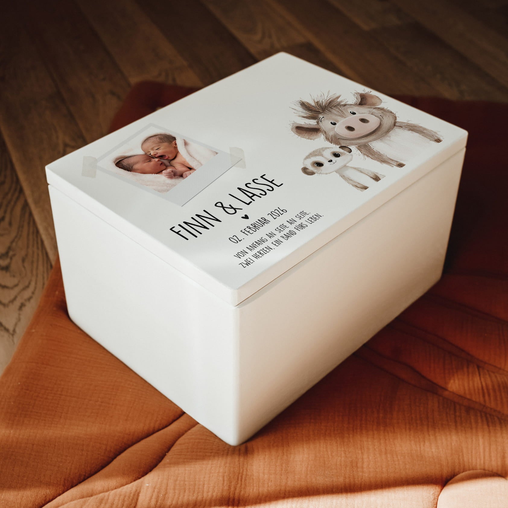 Erinnerungskiste Holz personalisiert – mit Babyfoto & Tiermotive - lyllevenn