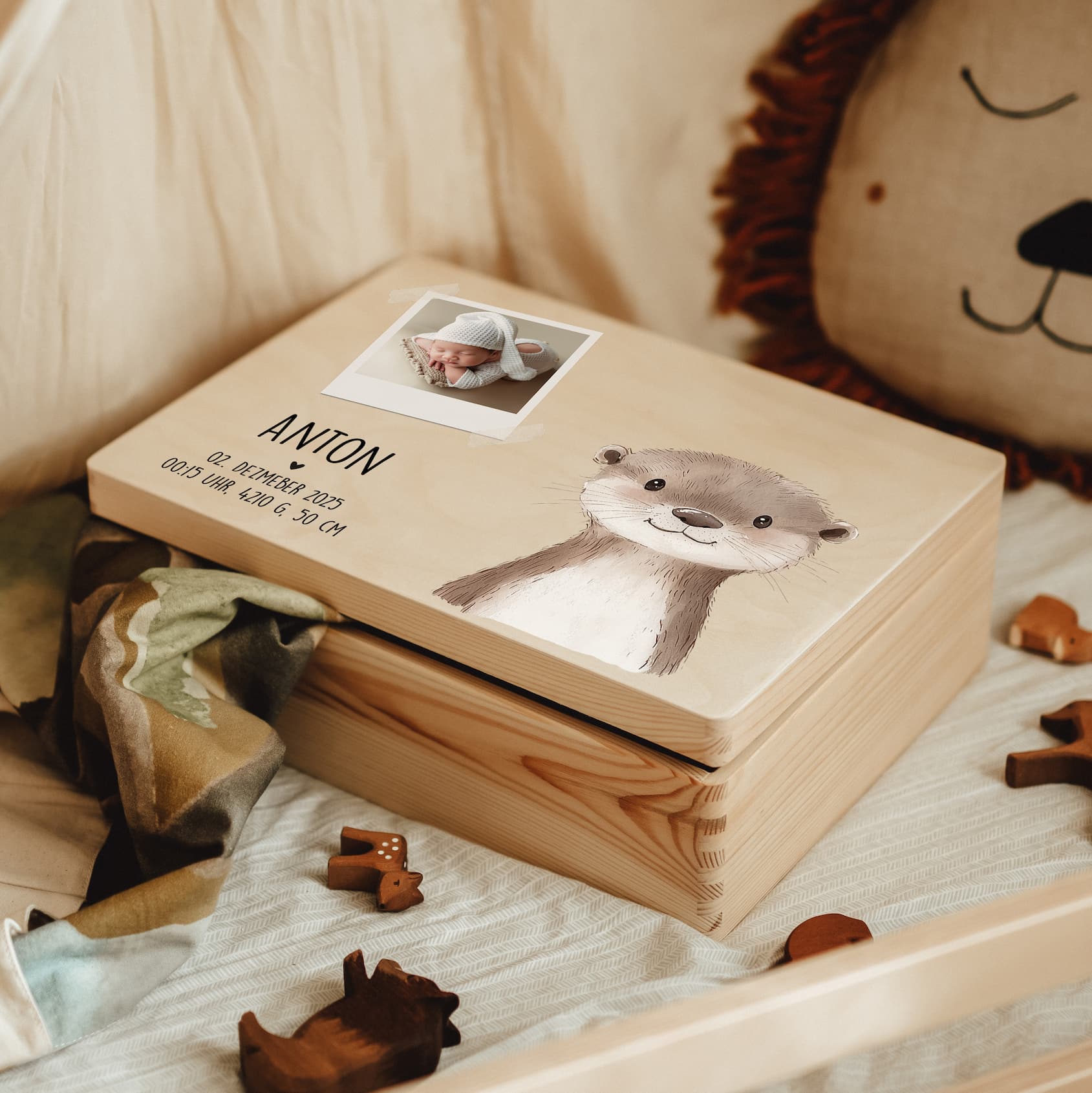 Erinnerungskiste Holz personalisiert – mit Babyfoto & Tiermotive - lyllevenn
