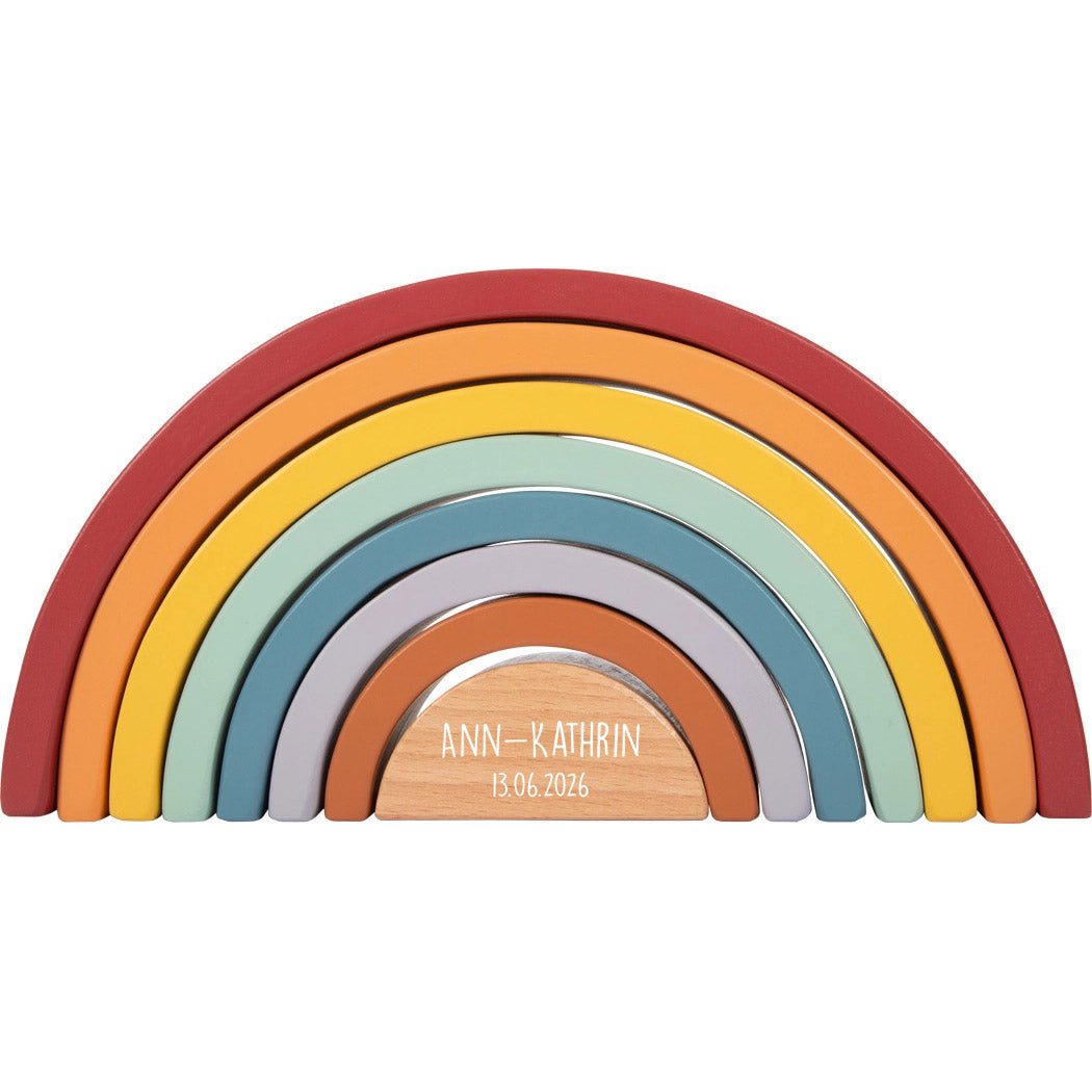 Holzbausteine Regenbogen personalisiert mit Name und Datum | Stapelbogen aus Holz - lyllevenn