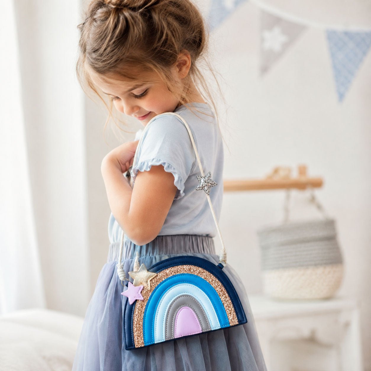 Kinder Umhängetasche Regenbogen - Blau Glitzer - lyllevenn