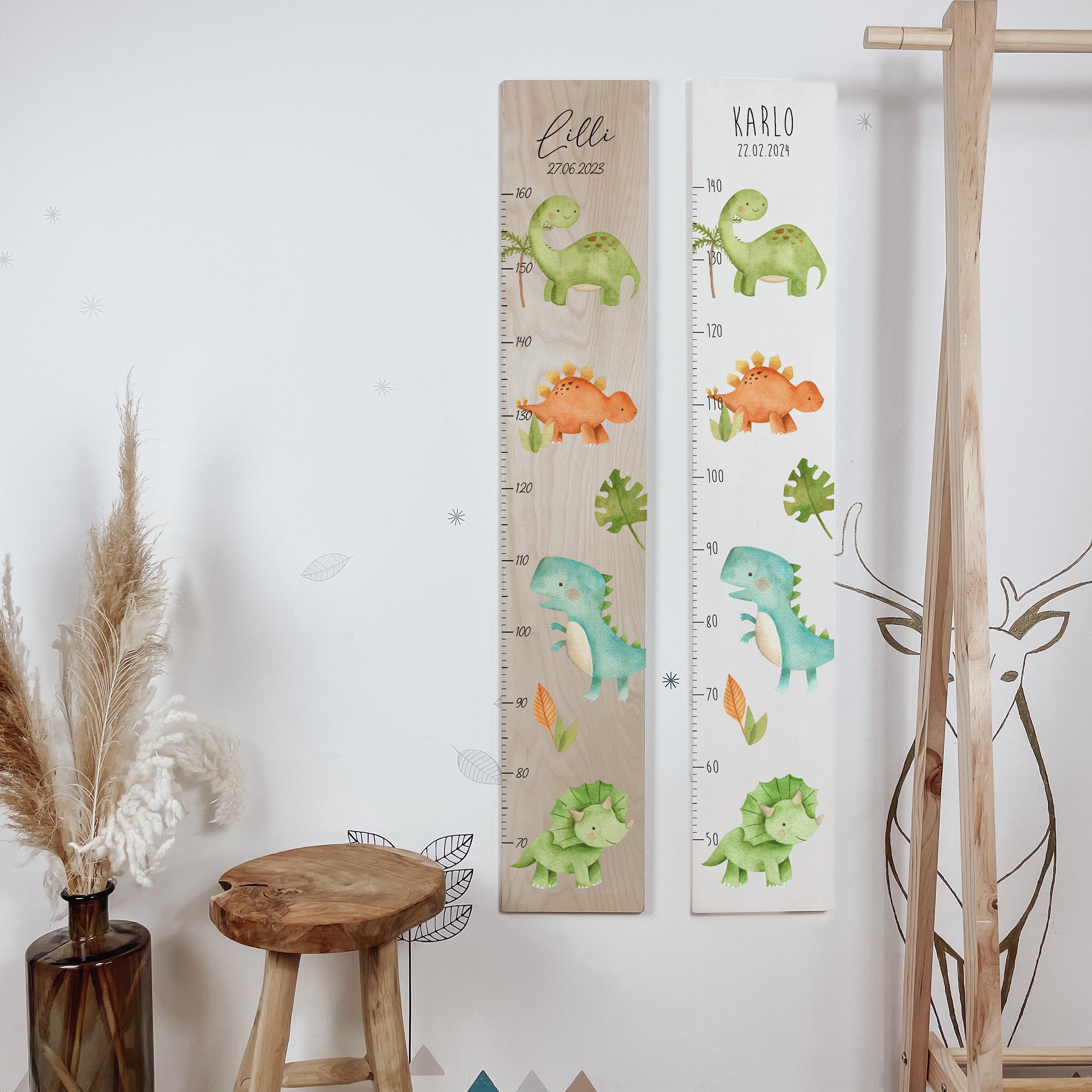 Kindermesslatte Holz personalisiert - Kleine Dino Freunde