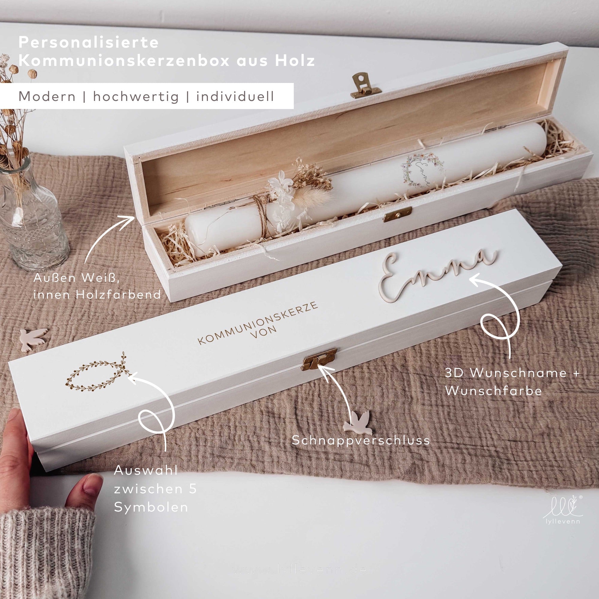 Kommunionskerzenbox groß - mit 3D Schriftzug - lyllevenn