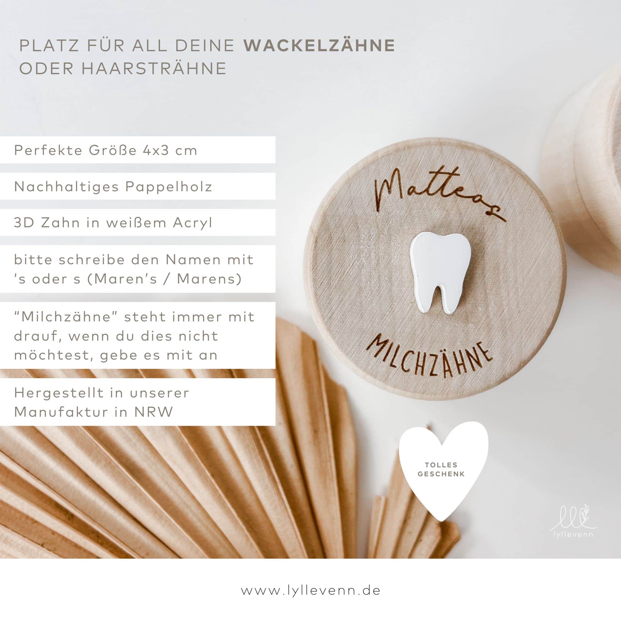Milchzahndose personalisiert Holz - mit 3D - Zahn - lyllevenn