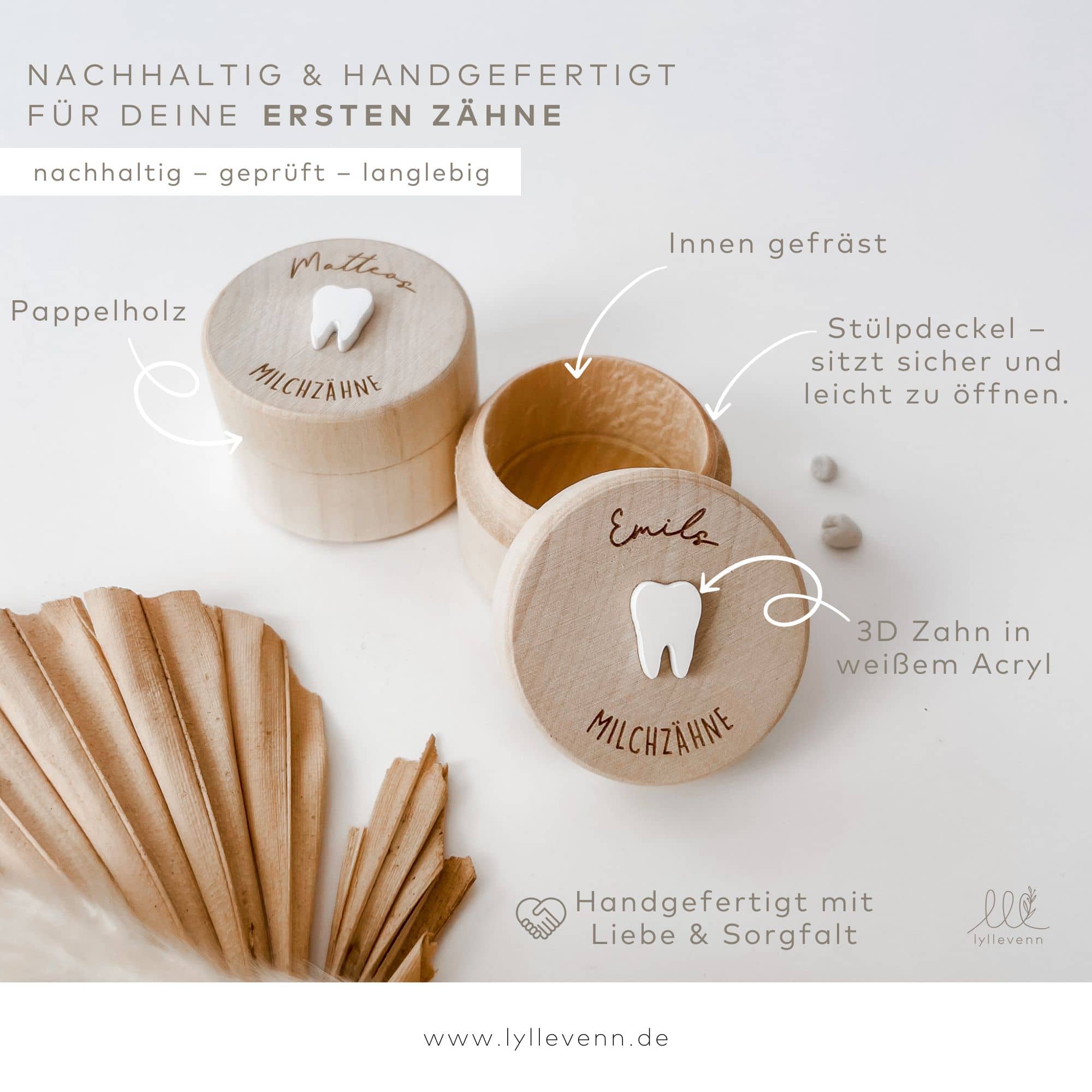 Milchzahndose personalisiert Holz - mit 3D - Zahn - lyllevenn