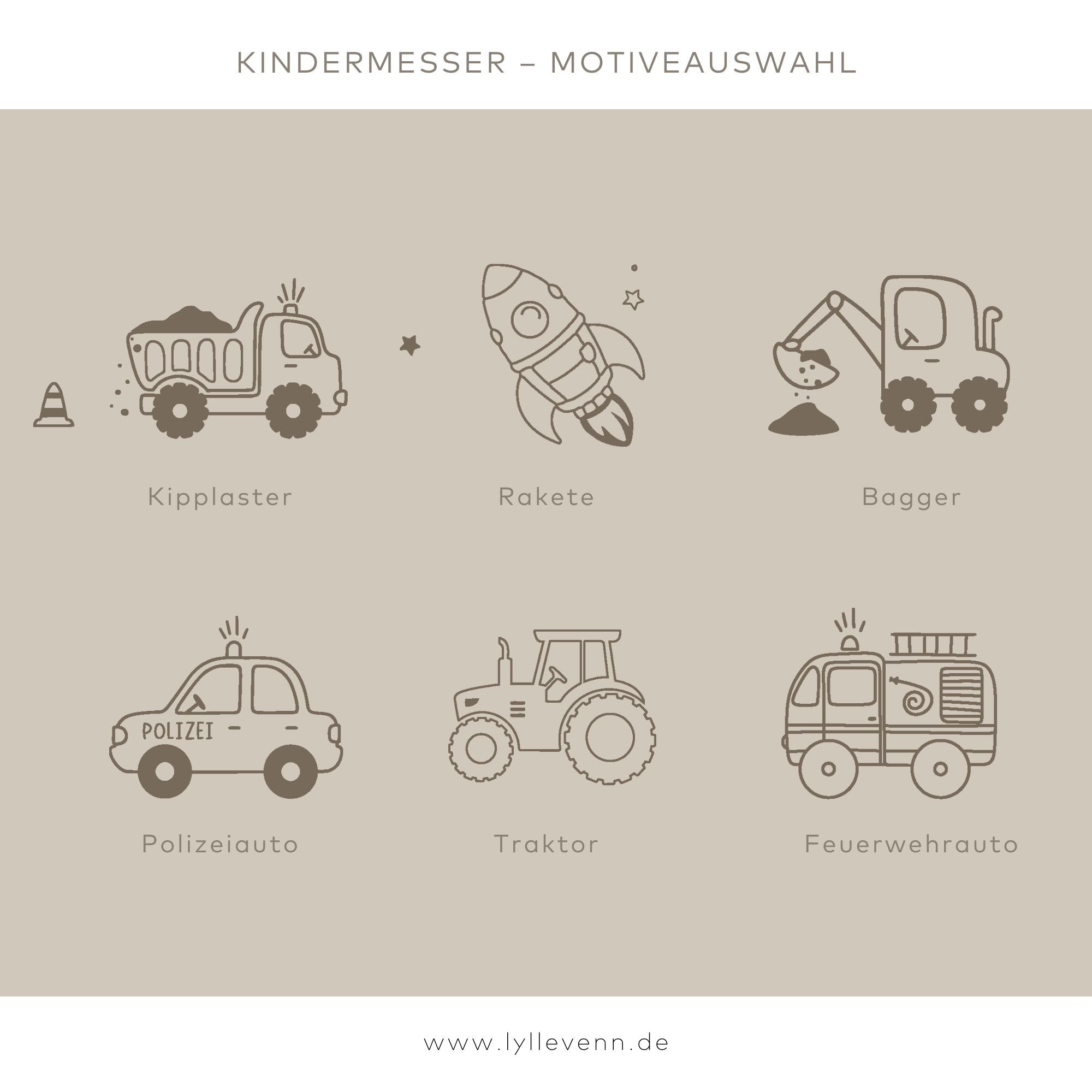 Montessori sicheres Kindermesser Holz „Fahrzeuge“ – personalisiert - lyllevenn