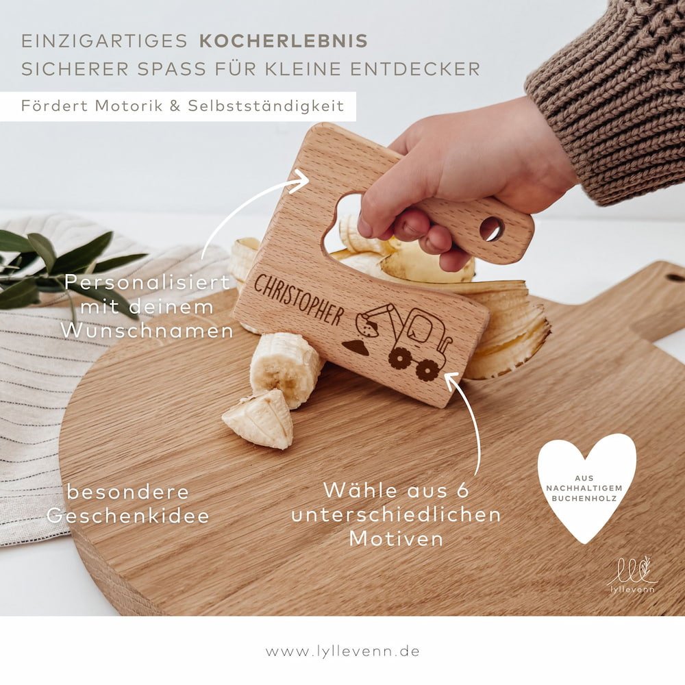 Montessori sicheres Kindermesser Holz „Fahrzeuge“ – personalisiert - lyllevenn