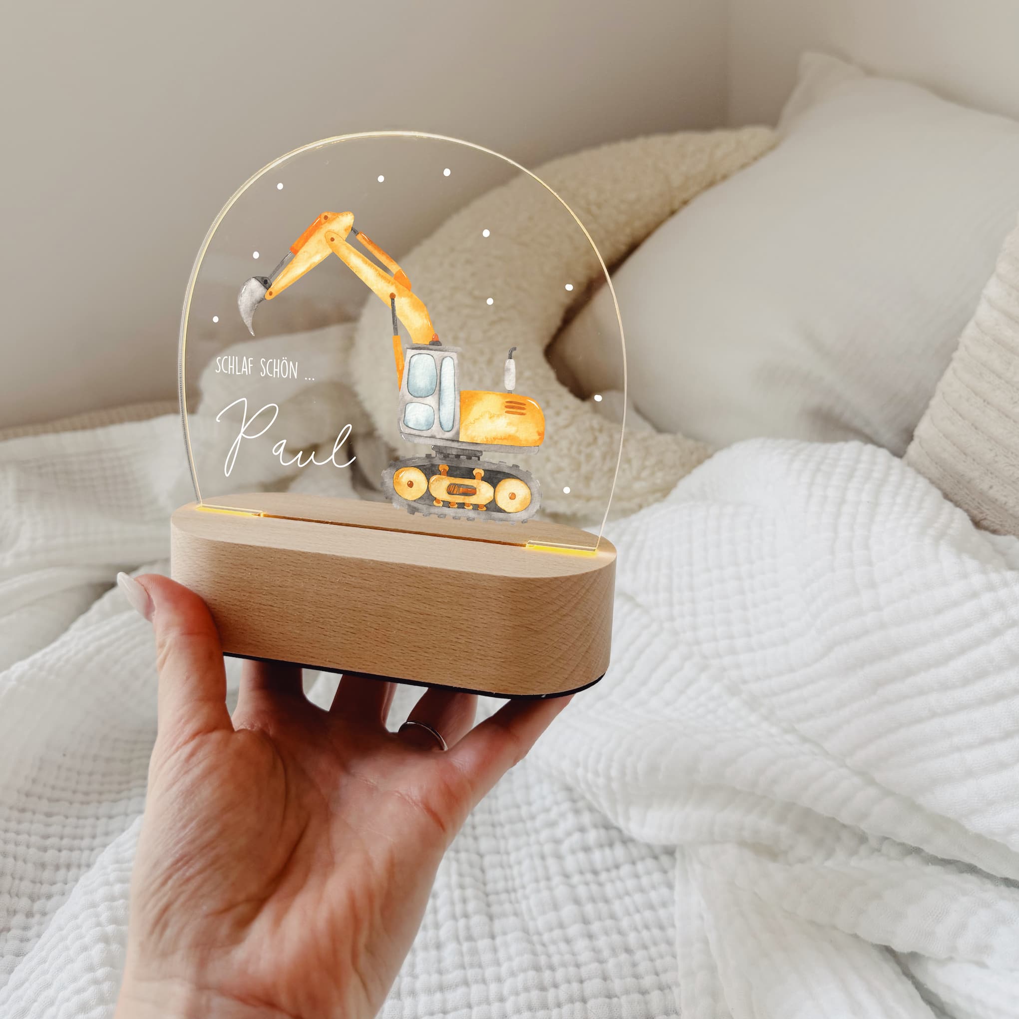 Nachtlicht Kinder personalisiert – LED Lampe bedruckt Bagger & Baustele - lyllevenn