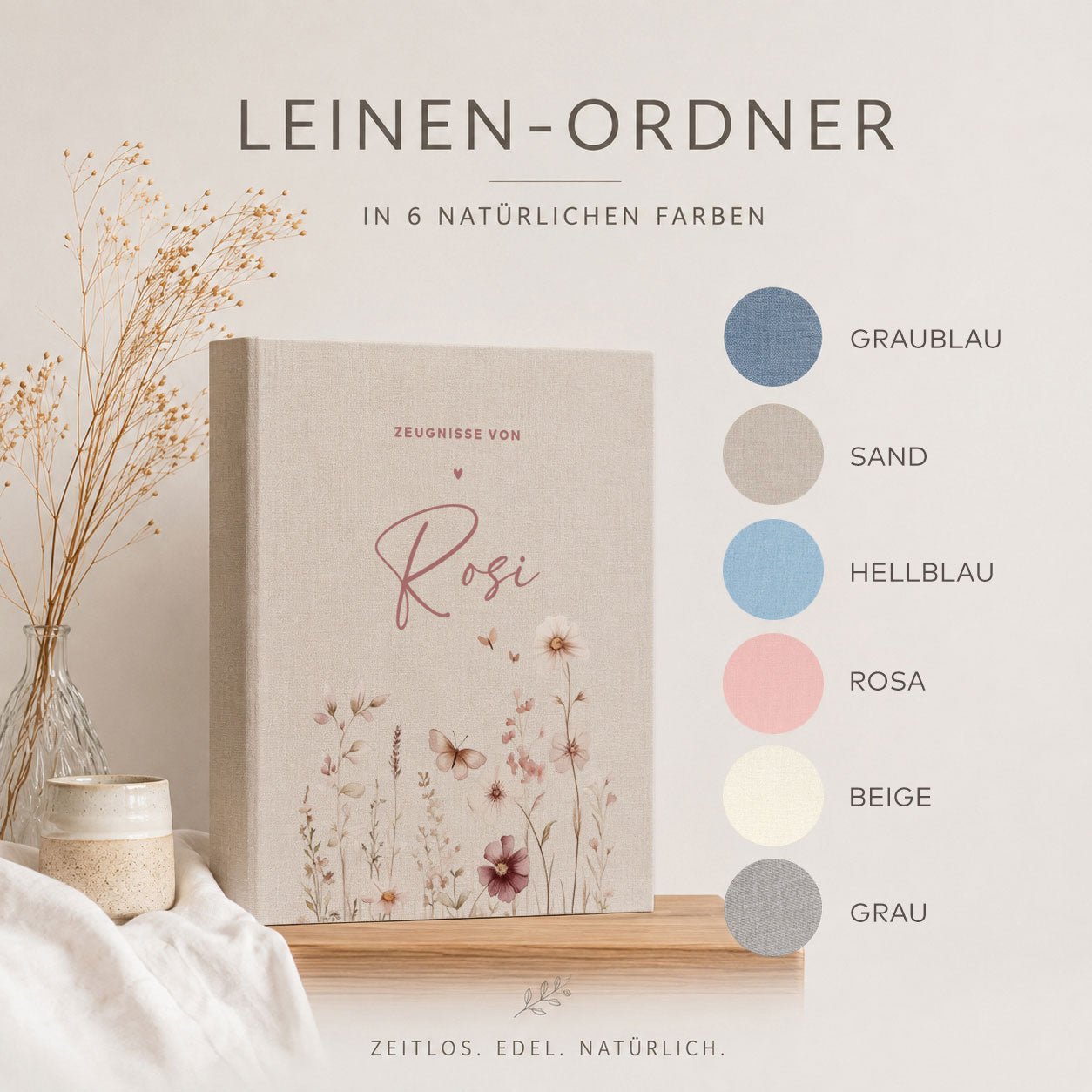 Ordner aus Leinen personalisierbar - mit Blumen - lyllevenn