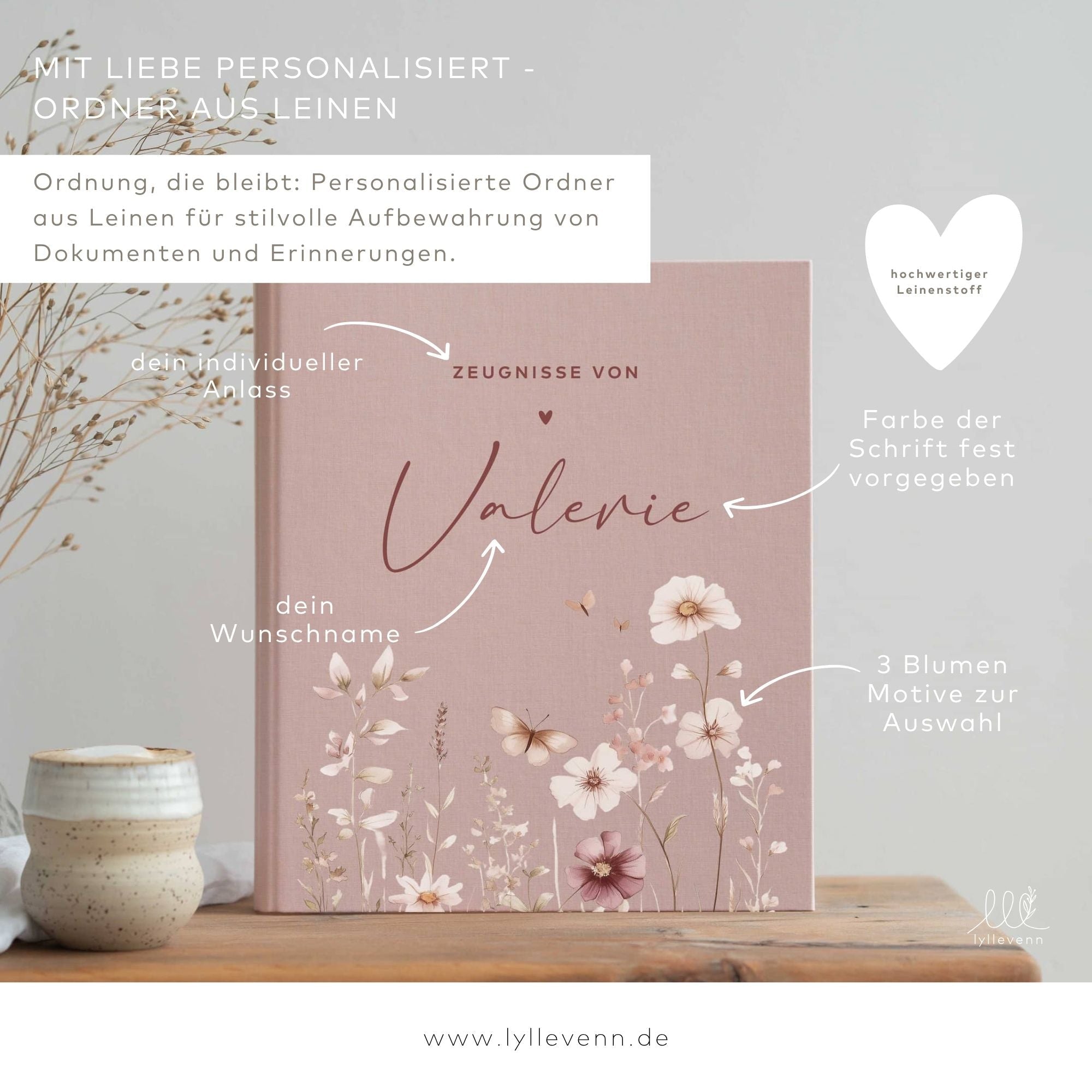 Ordner aus Leinen personalisierbar - mit Blumen - lyllevenn