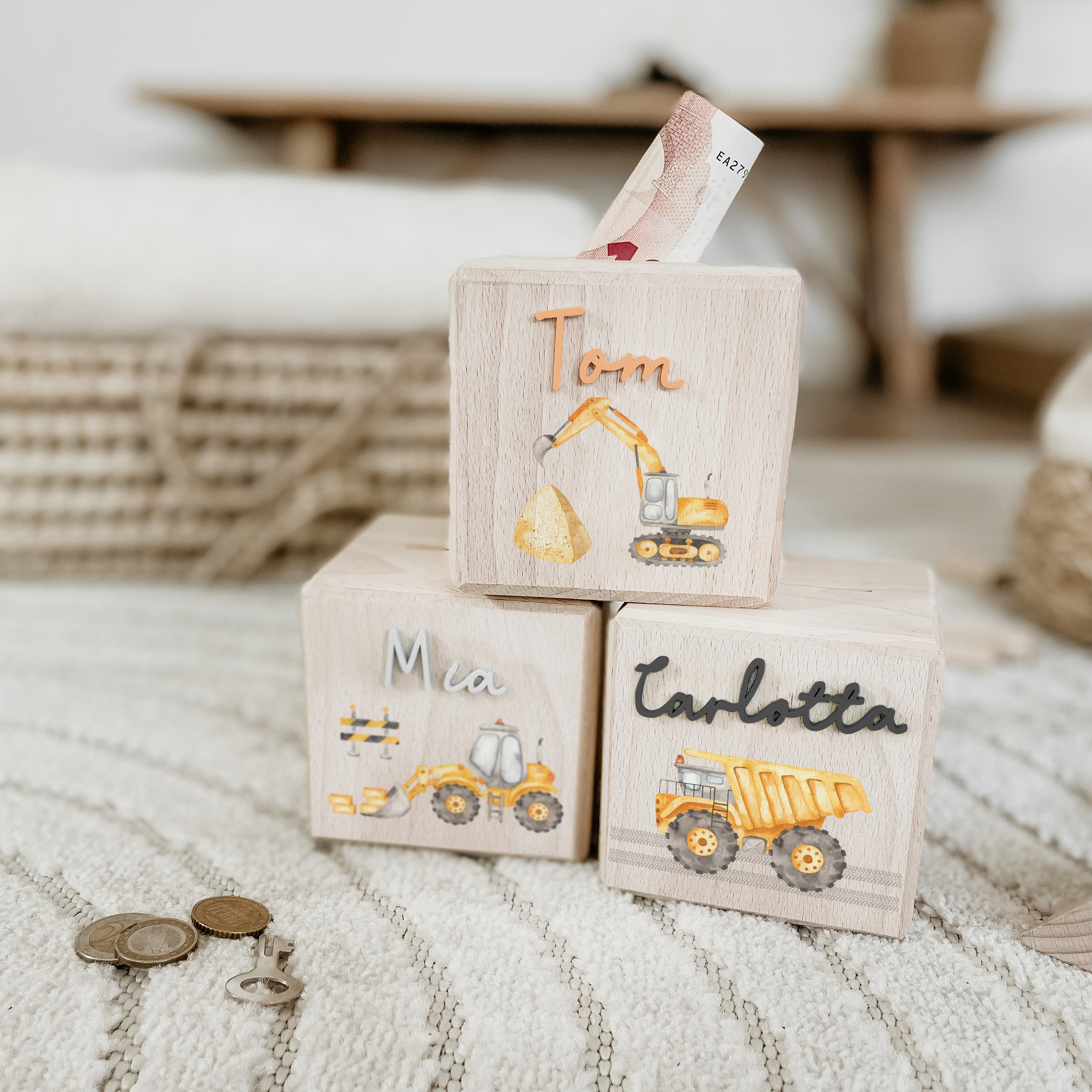 Spardose personalisiert aus Holz – Baustelle