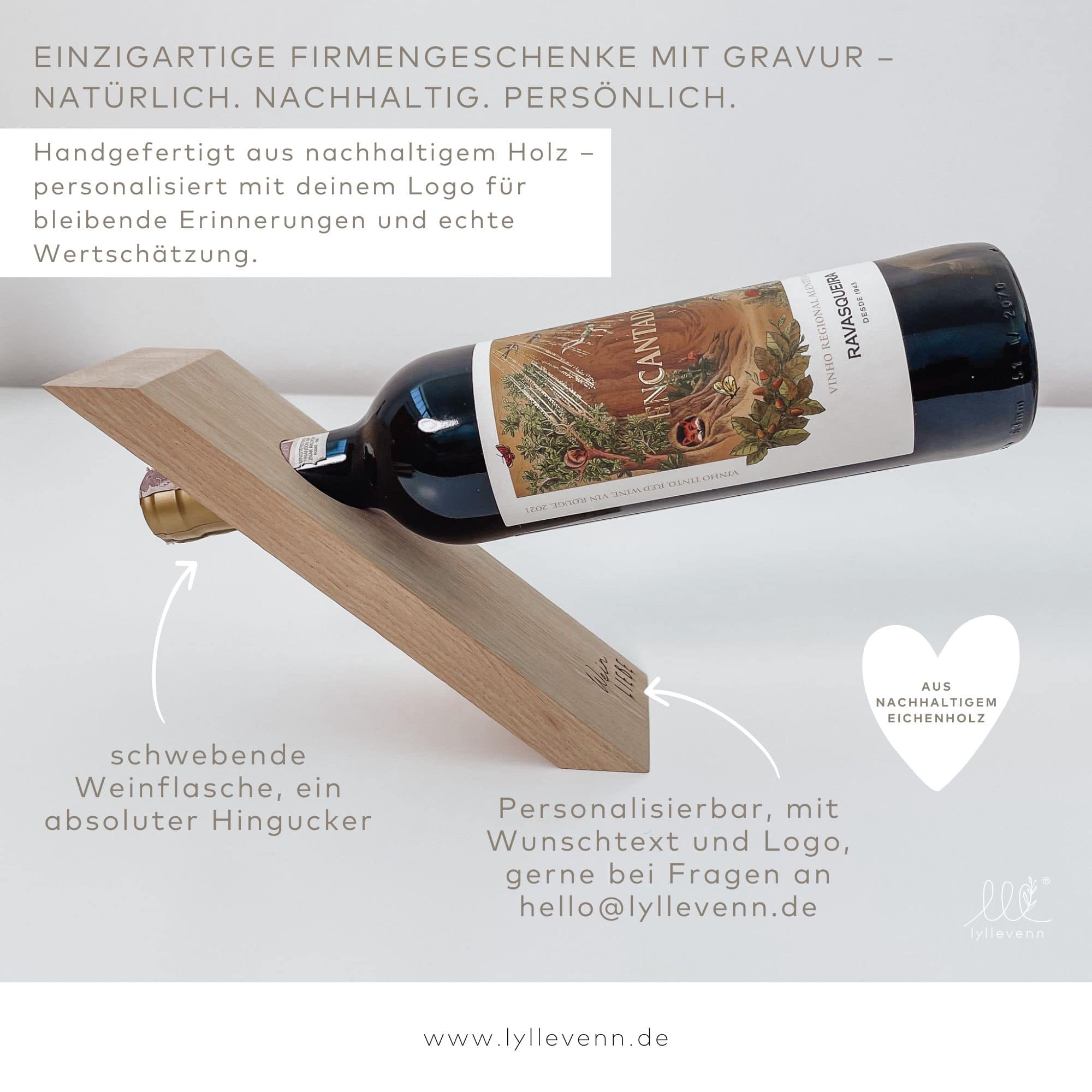 Personalisierter Weinflaschenhalter aus massiver Eiche – das stilvolle Firmengeschenk - lyllevenn