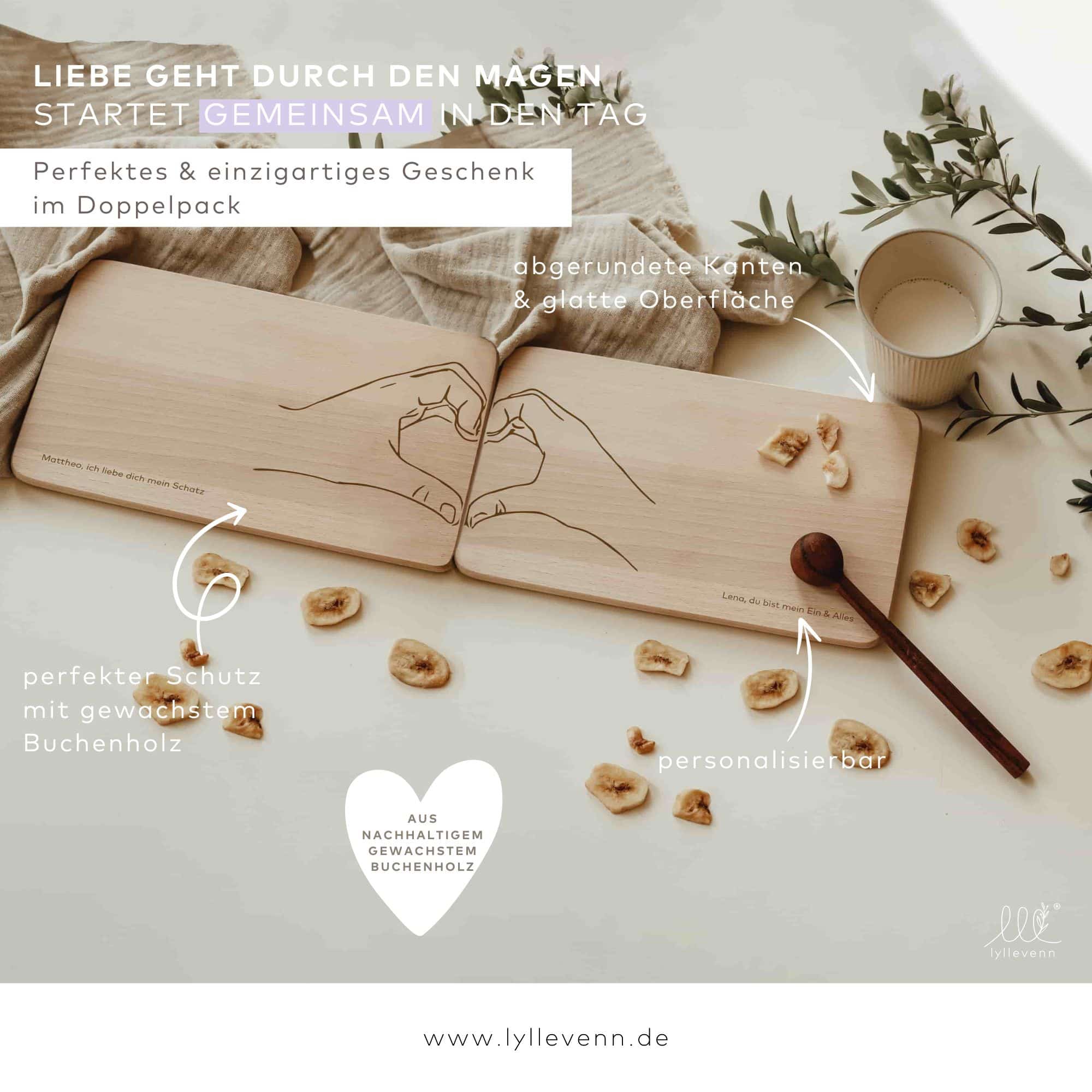Personalisiertes Schneidebrett - Herzmotiv aus Händen - lyllevenn
